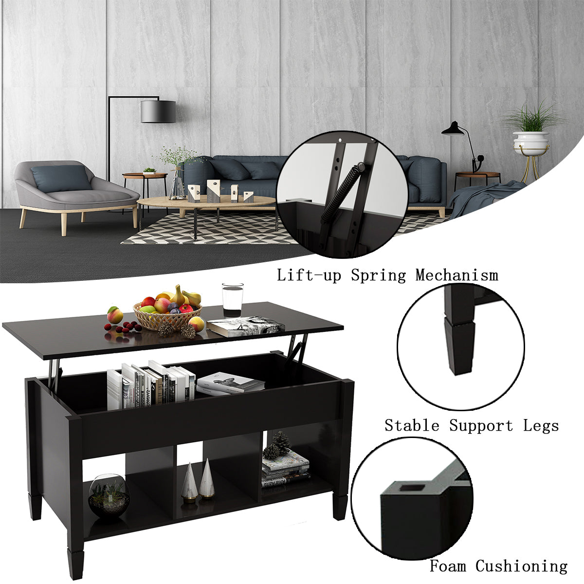 Lift Top Coffee Table Black Black Mdf