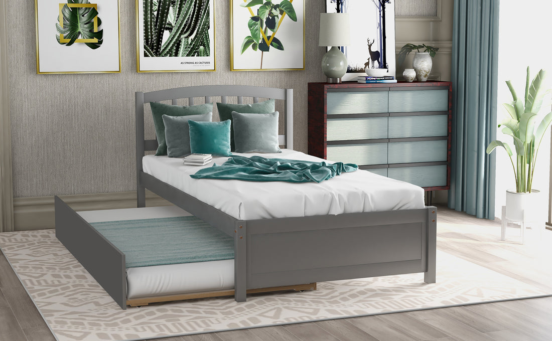 Twin Size Platform Bed Wood Bed Frame With Trundle, Gray Gray Solid Wood