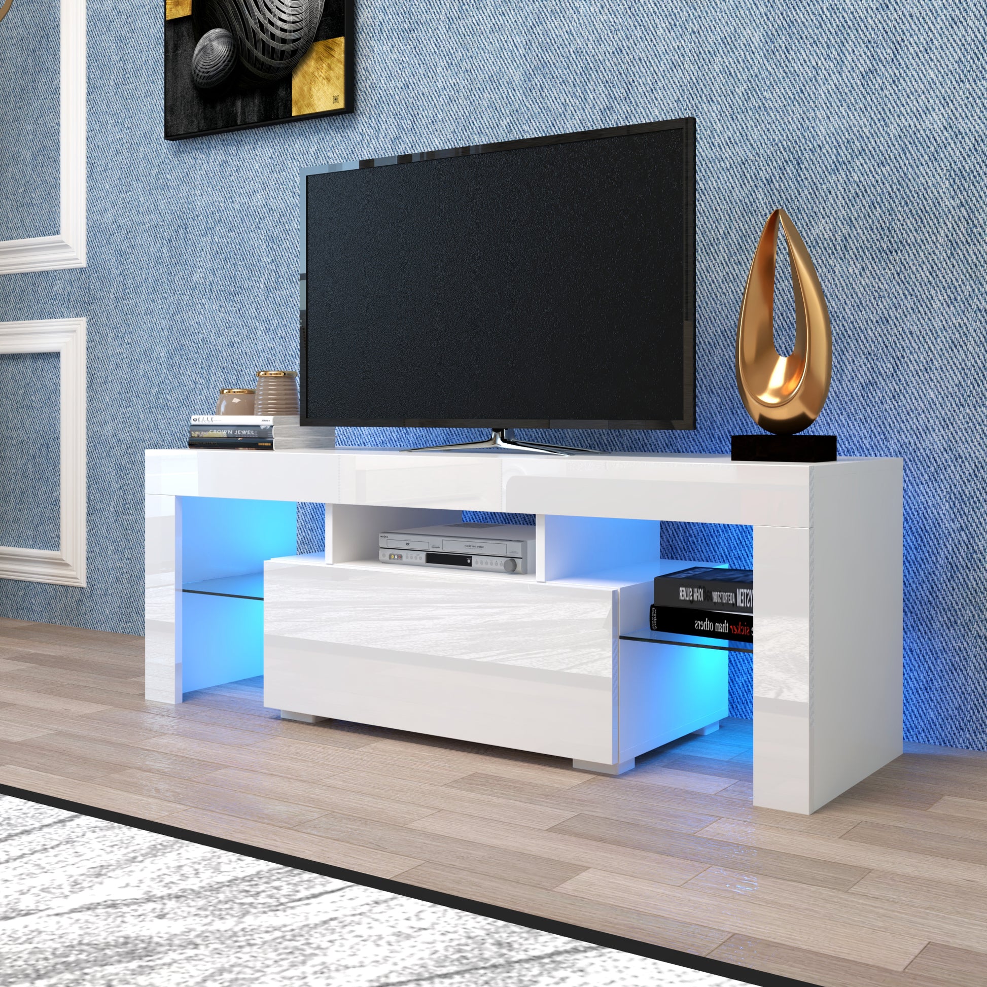 Entertainment Tv Stand, Large Tv Stand Tv Base Stand With Led Light Tv Cabinet. White 50 59 Inches Mdf