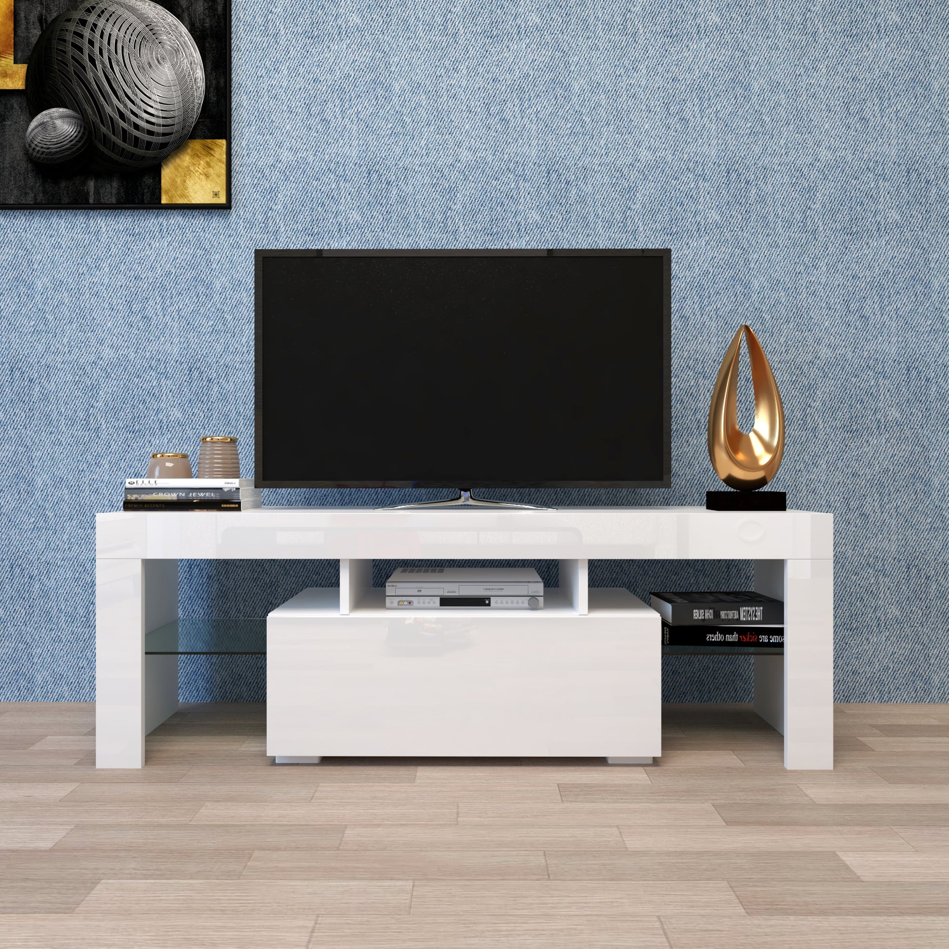 Entertainment Tv Stand, Large Tv Stand Tv Base Stand With Led Light Tv Cabinet. White 50 59 Inches Mdf