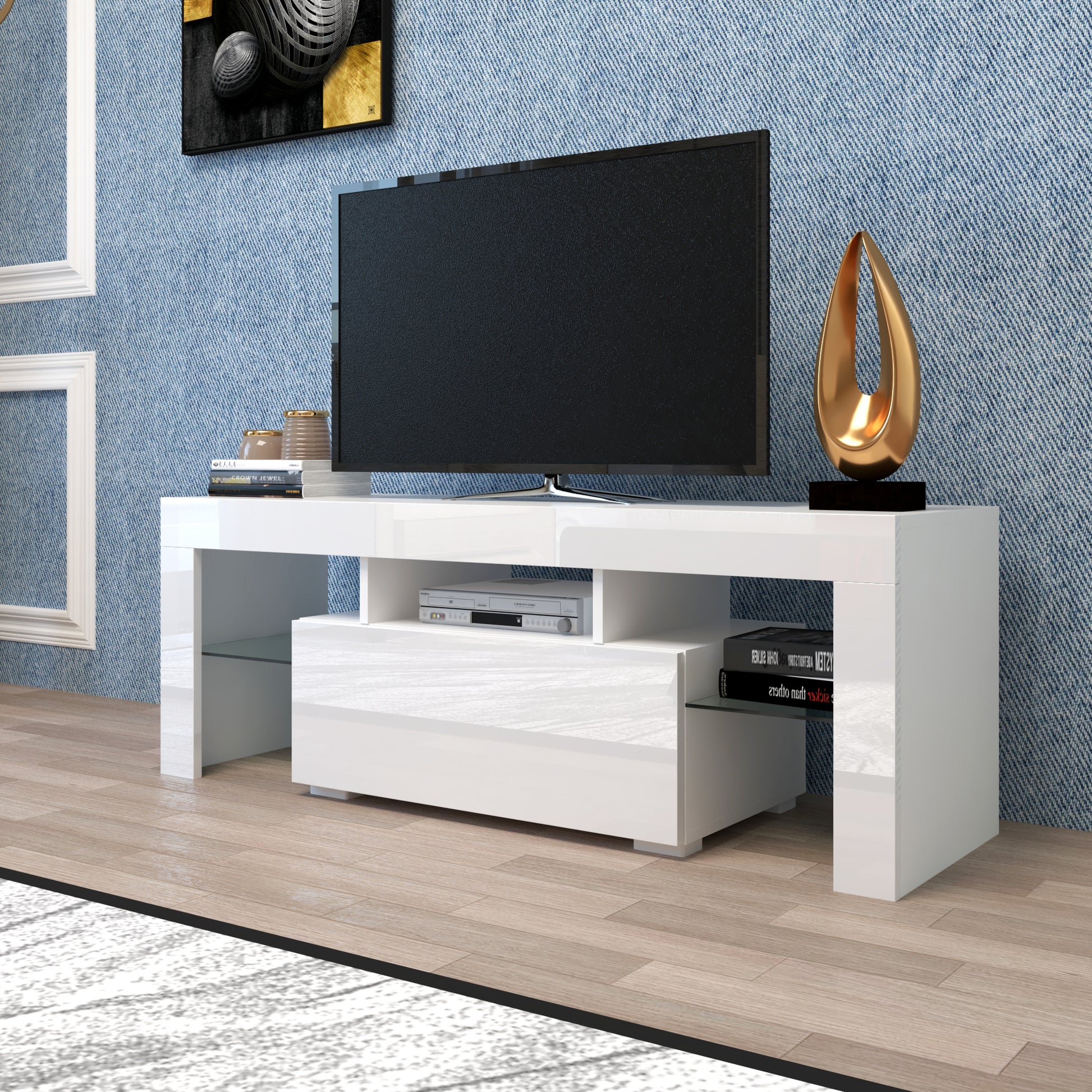 Entertainment Tv Stand, Large Tv Stand Tv Base Stand With Led Light Tv Cabinet. White 50 59 Inches Mdf