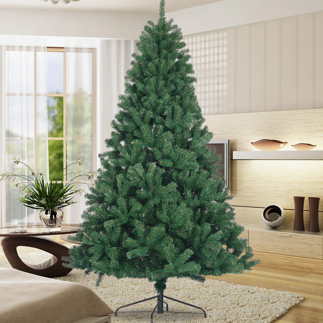 Artificial Christmas Tree Full Natural Spruce Pvc Fir Tree 7.5Ft Foldable Metal Stand Unlit Green Green Polyester