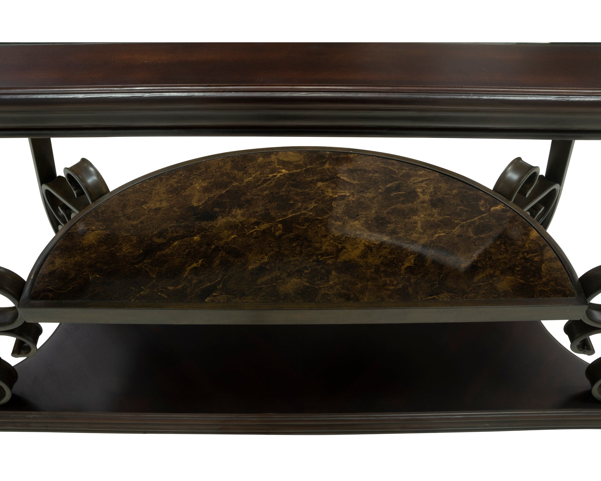 Sofa Table, Glass Table Top, Mdf W Marble Paper Middle Shelf, Powder Coat Finish Metal Legs. 54"Lx20"Wx30"H Brown Glass
