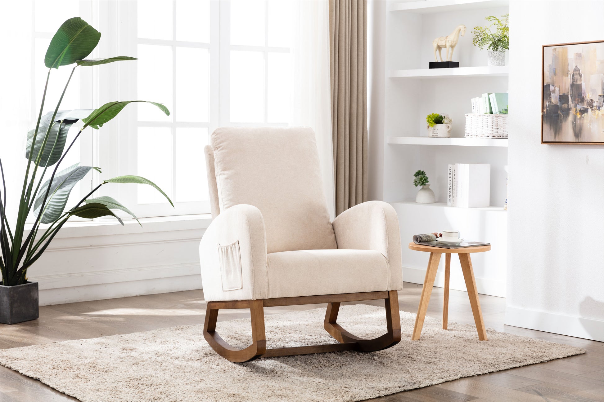 Coolmore Rocking Chair, Modern Glider Chair, Recliner Armchair With Wood Legs And Side Pocket, Nursery Rocking Accent Chair With High Back For Living Room Bedroom Beige Linen Beige Primary Living Space Foam Solid Wood