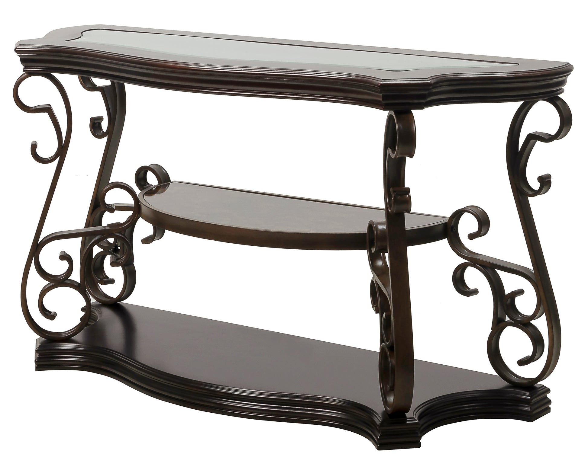 Sofa Table, Glass Table Top, Mdf W Marble Paper Middle Shelf, Powder Coat Finish Metal Legs. 54"Lx20"Wx30"H Brown Glass