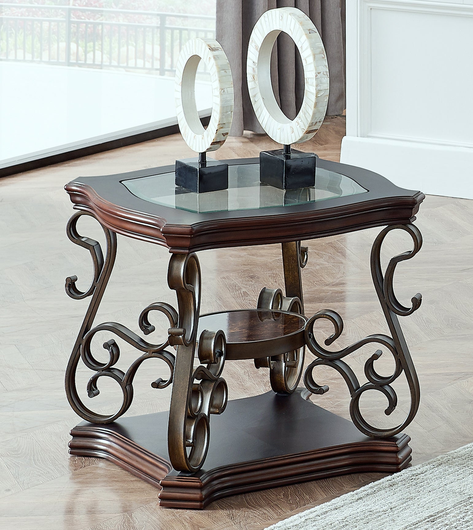 End Table, Glass Table Top, Mdf W Marble Paper Middle Shelf, Powder Coat Finish Metal Legs. 26.3"Lx26.3"Wx24"H Brown Glass