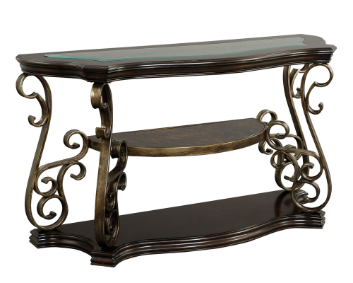 Sofa Table, Glass Table Top, Mdf W Marble Paper Middle Shelf, Powder Coat Finish Metal Legs. 54"Lx20"Wx30"H Brown Glass
