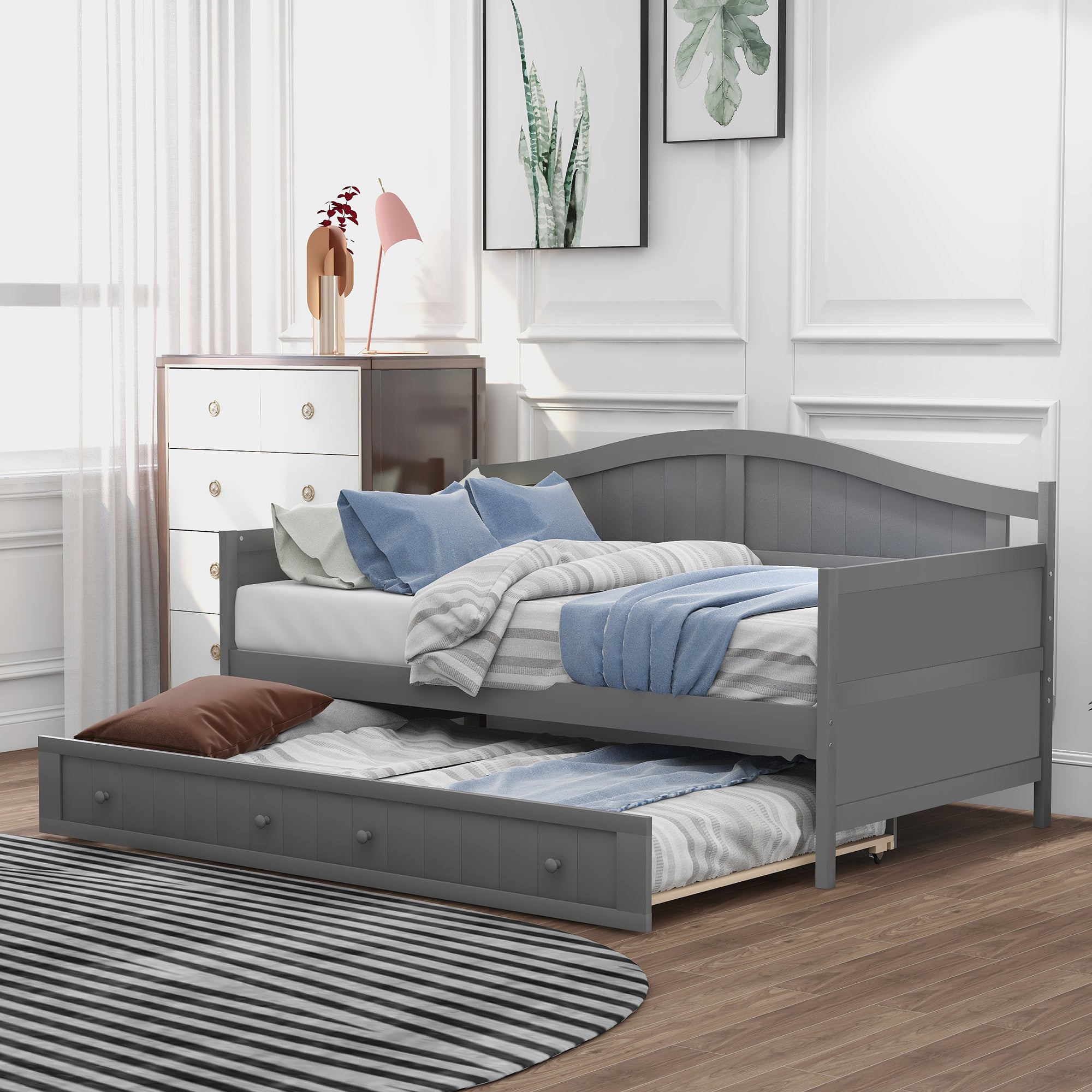 Twin Wooden Daybed With Trundle Bed, Sofa Bed For Bedroom Living Room, Gray Gray Solid Wood