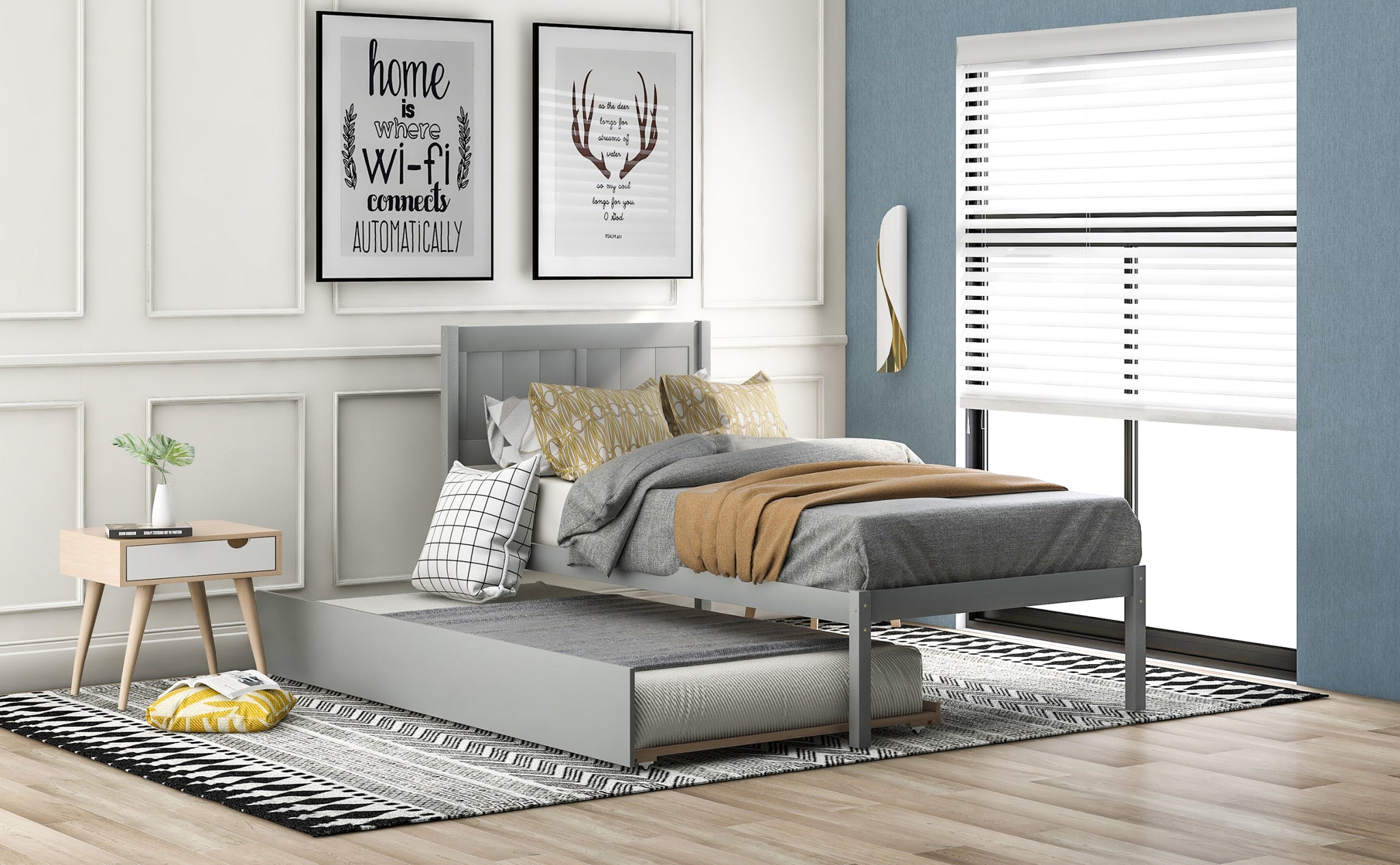 Twin size Platform Bed Wood Platform Bed with Trundle gray-solid wood