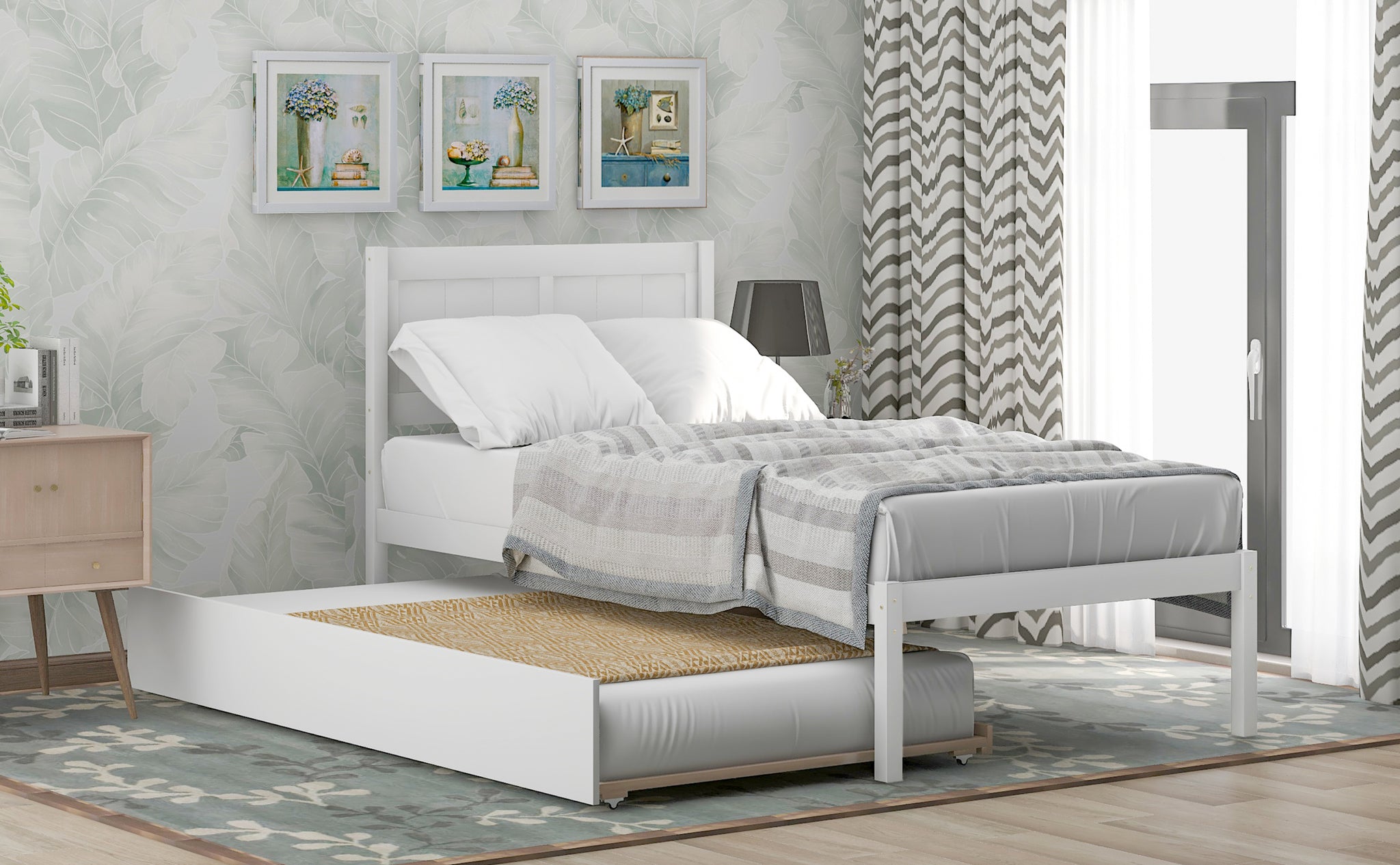 Twin size Platform Bed Wood Platform Bed with Trundle white-solid wood