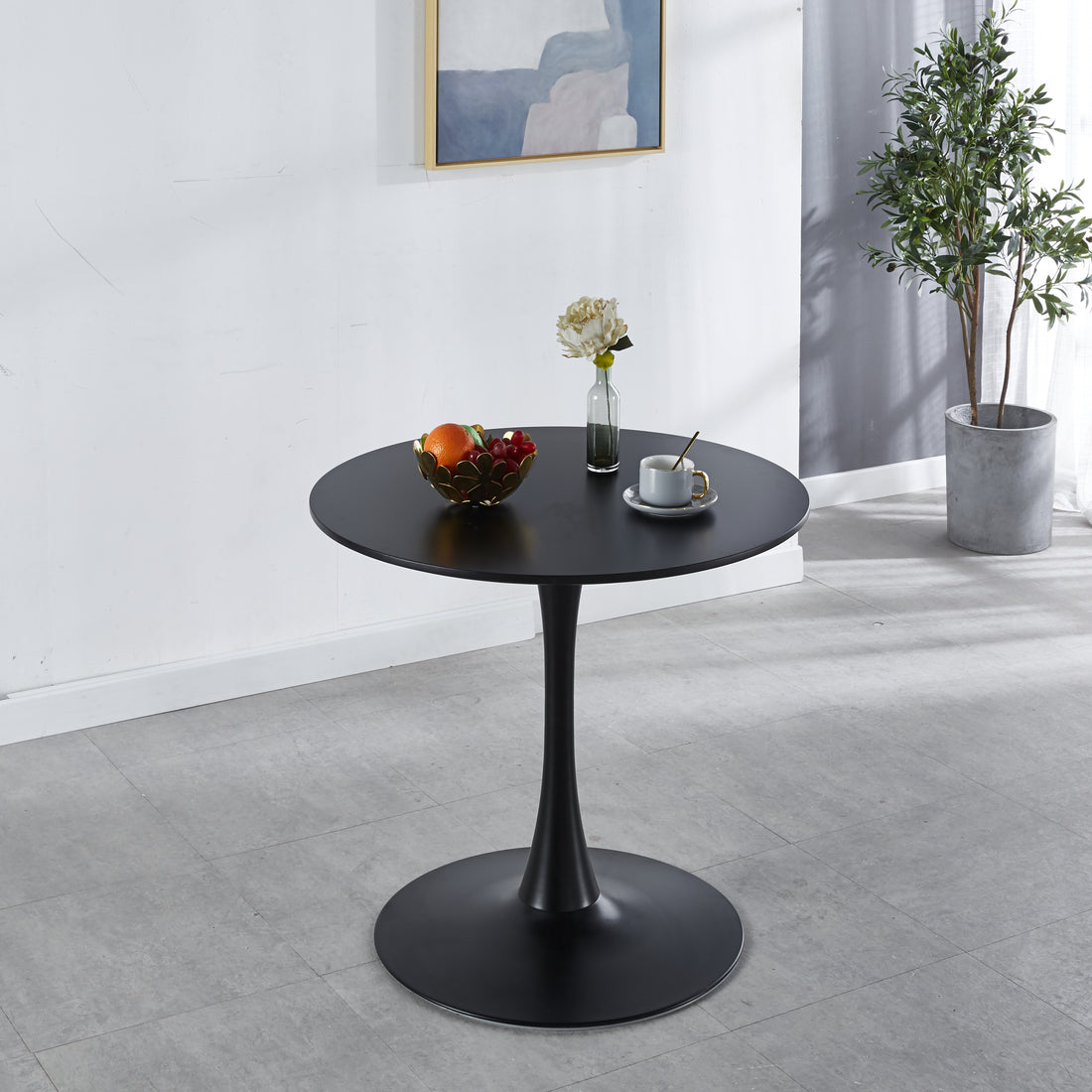 31.5"Black Tulip Table Mid Century Dining Table For 2 4 People With Round Mdf Table Top, Pedestal Dining Table, End Table Leisure Coffee Table Black Metal