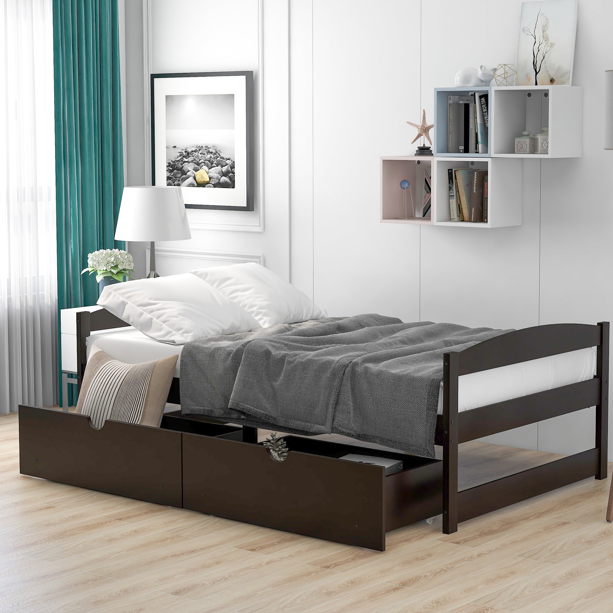 Twin size platform bed, with two drawers, espresso espresso-pine