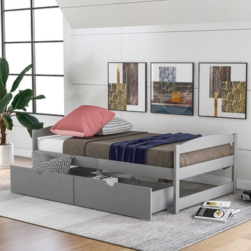 Twin Size Platform Bed, With Two Drawers, Gray Gray Pine