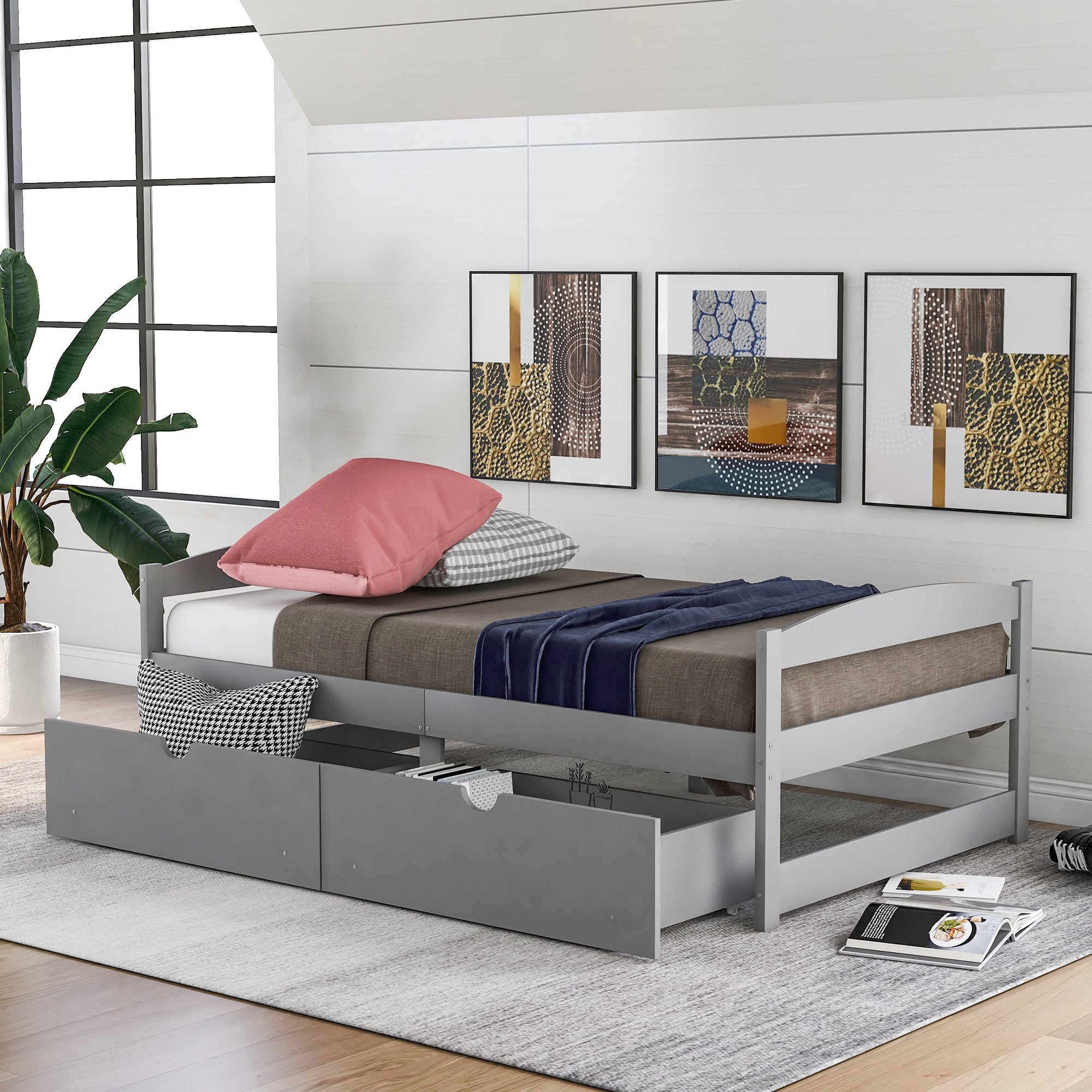 Twin size platform bed, with two drawers, gray gray-pine