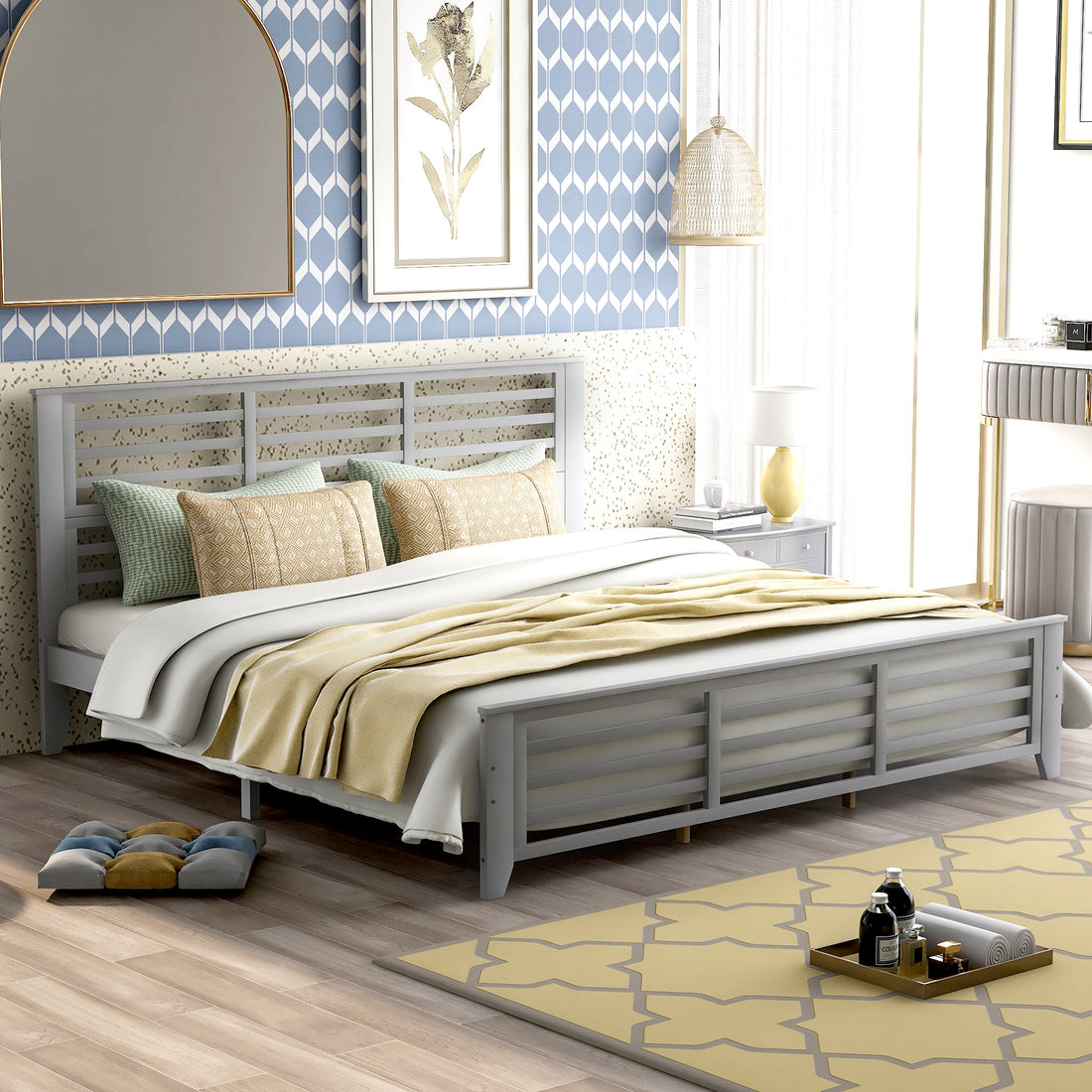 Platform Bed With Horizontal Strip Hollow Shape, King Size, Gray Gray Pine