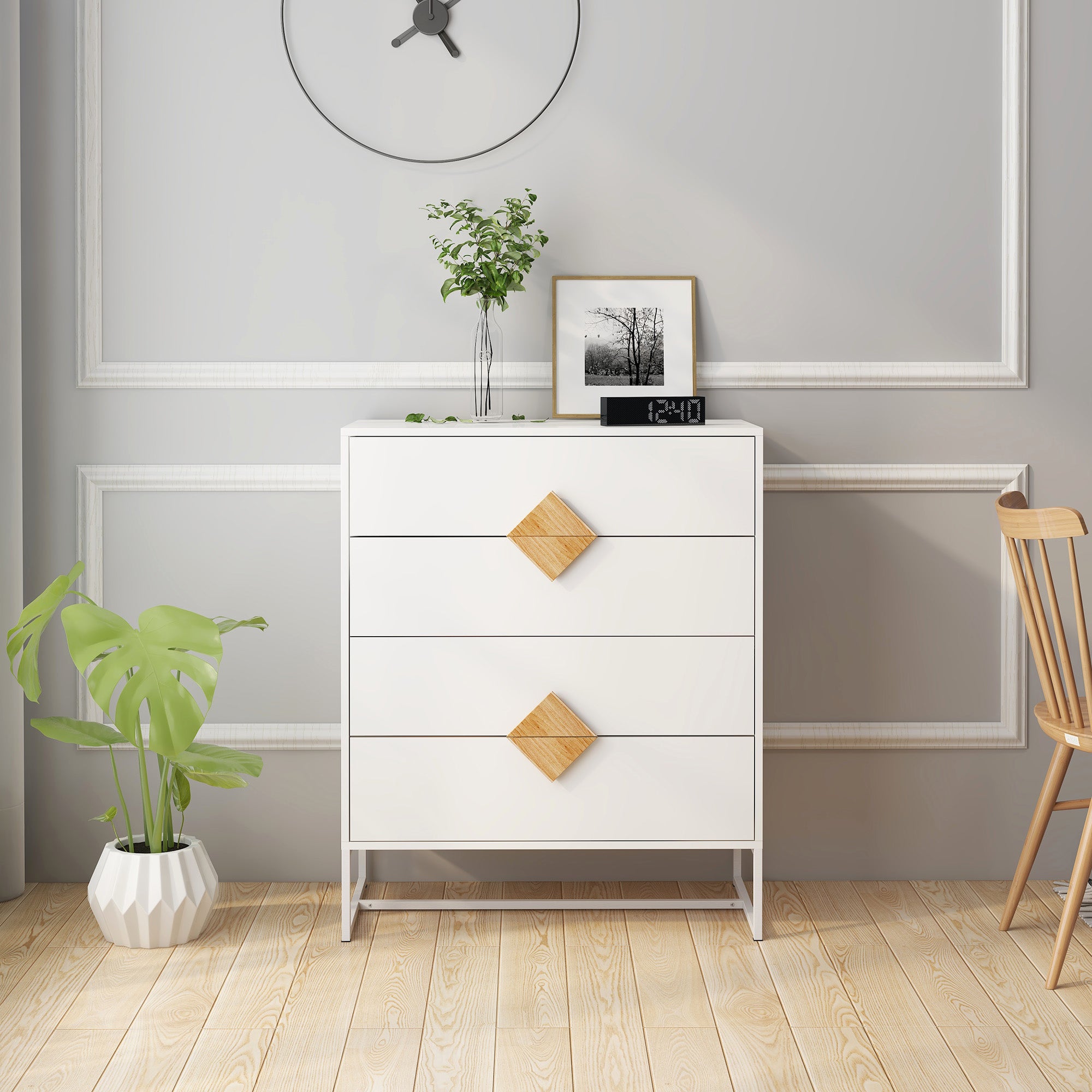 Solid Wood Special Shape Square Handle Design With 4 Drawers Bedroom Furniture Dressers White Mdf