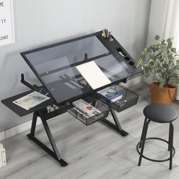 Black Adjustable Tempered Glass Drafting Printing Table With Chair Black Steel