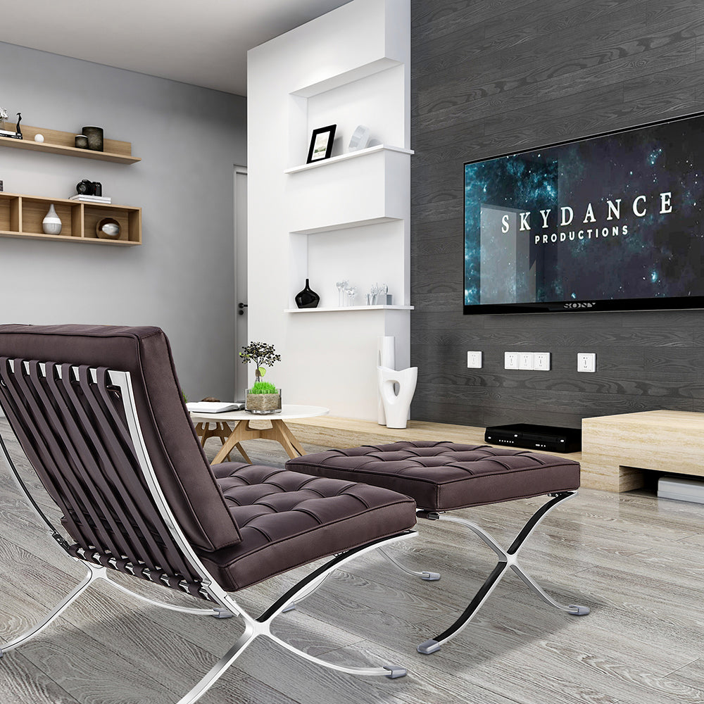 Mid Century Foldable Lounge Chair With Ottoman Dark Brown Genuine Leather