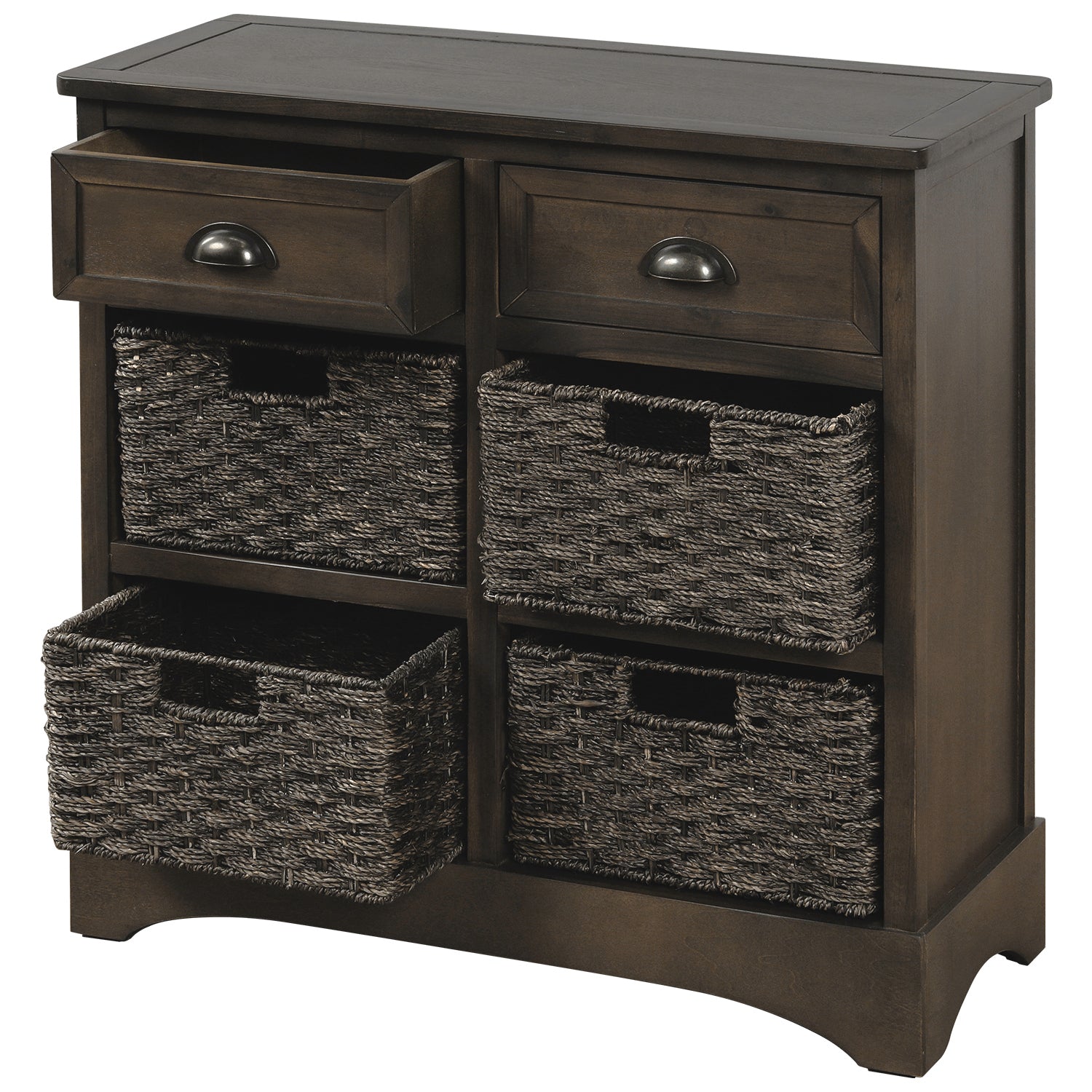 Rustic Storage Cabinet With Two Drawers And Four Classic Rattan Basket For Dining Room Living Room Brown Gray Light Grey Solid Wood