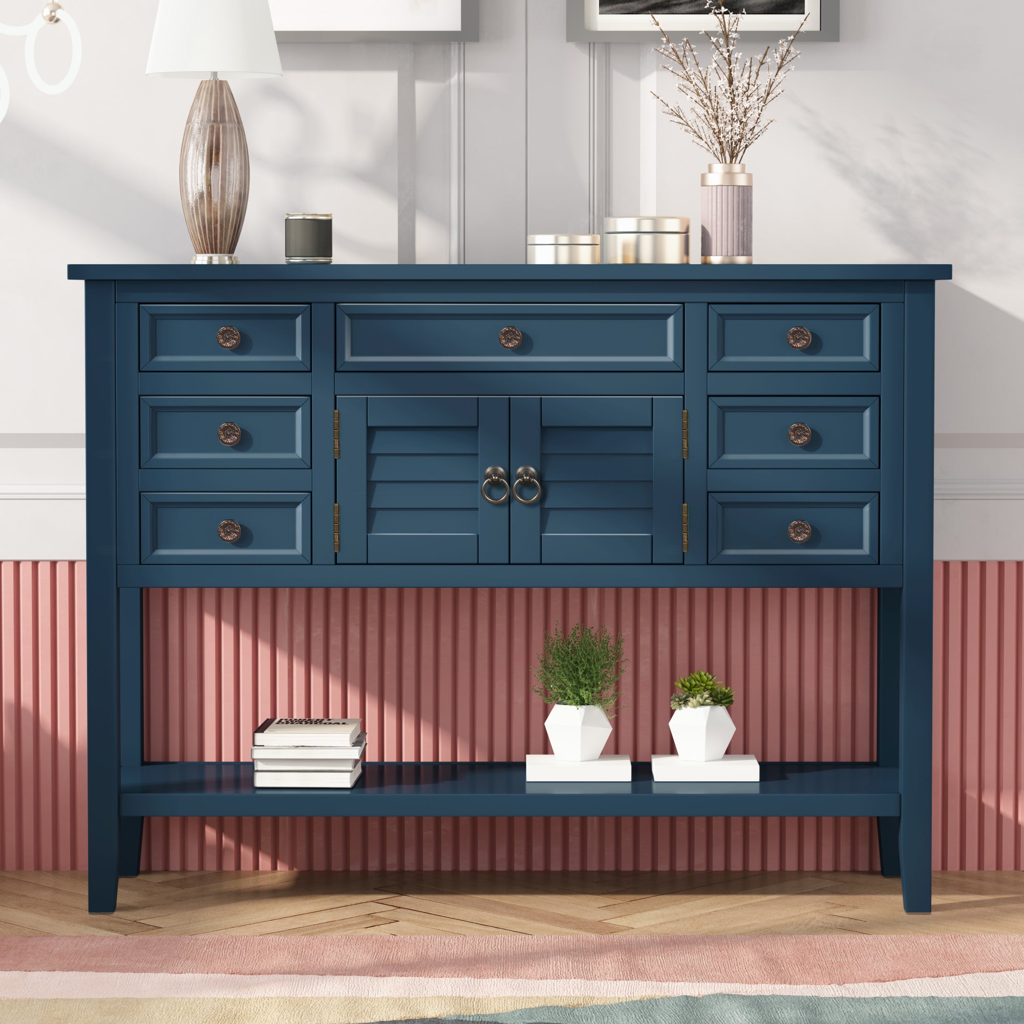 44.5'' Modern Console Table Sofa Table For Living Room With 7 Drawers, 1 Cabinet And 1 Shelf Navy Blue Mdf