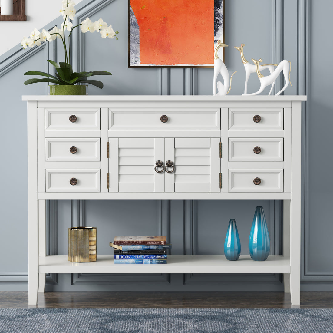 44.5'' Modern Console Table Sofa Table For Living Room With 7 Drawers, 1 Cabinet And 1 Shelf White Mdf