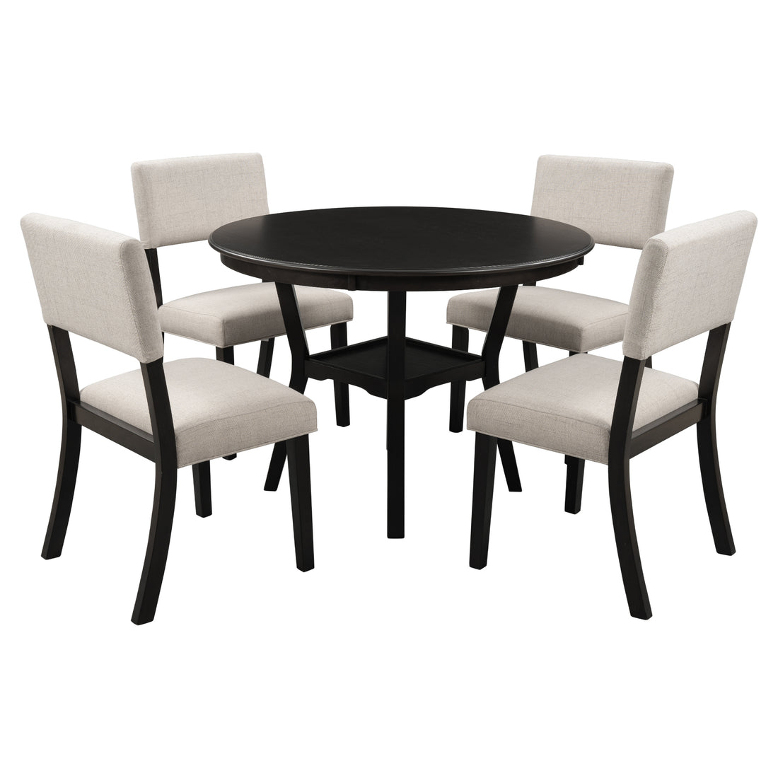 5 Piece Kitchen Dining Table Set Round Table With Bottom Shelf, 4 Upholstered Chairs For Dining Room Espresso Espresso Solid Wood