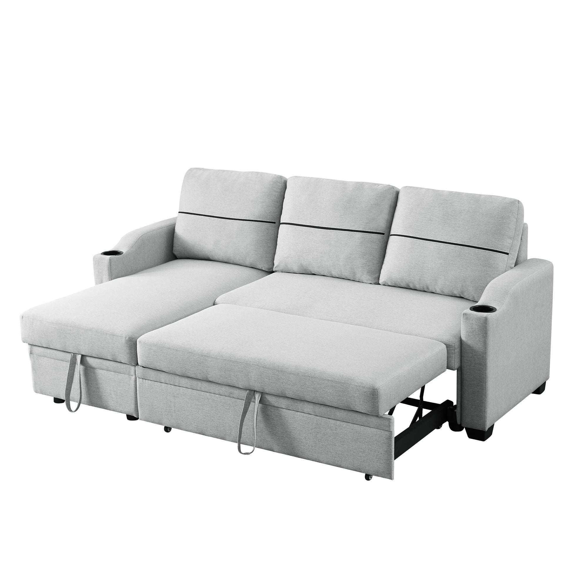 9191 Light Gray Pull Out Storage Sofa Gray Linen 4 Seat