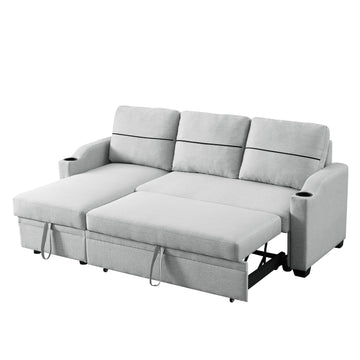 9191 Light Gray Pull Out Storage Sofa Gray Linen 4 Seat