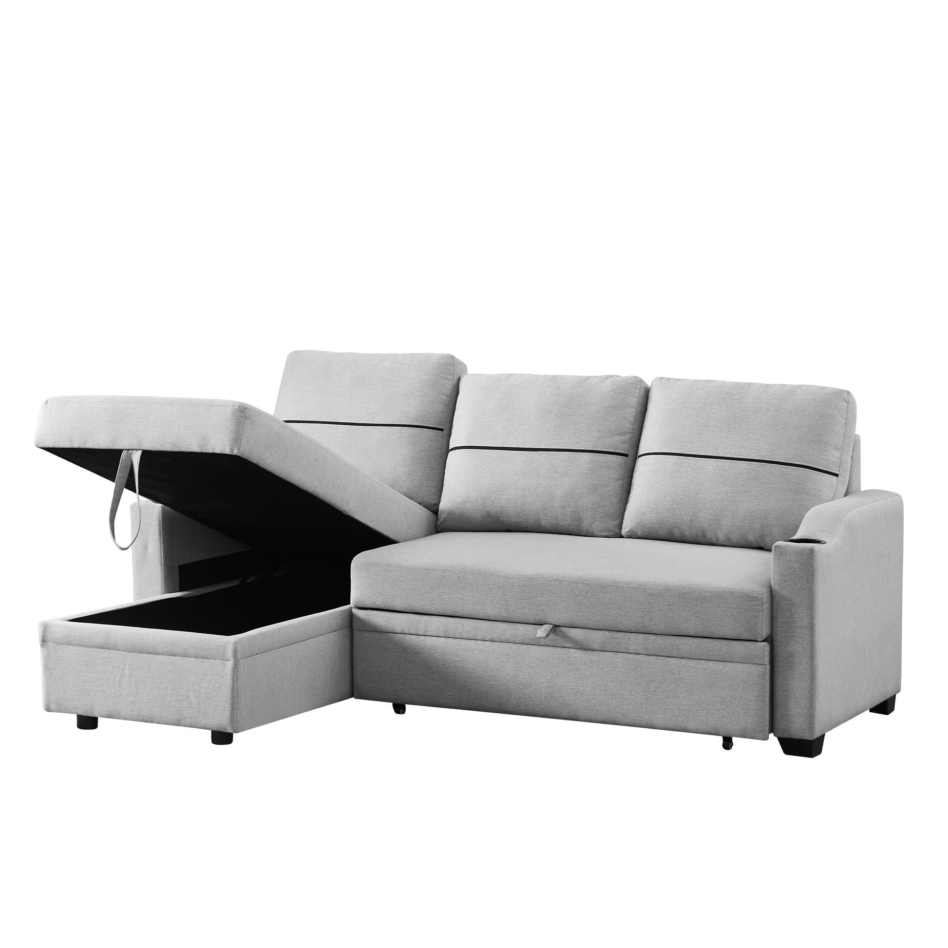 9191 Light Gray Pull Out Storage Sofa Gray Linen 4 Seat