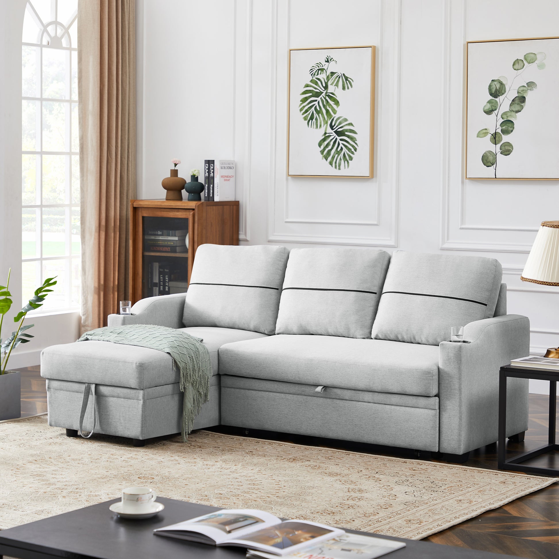 9191 Light Gray Pull Out Storage Sofa Gray Linen 4 Seat