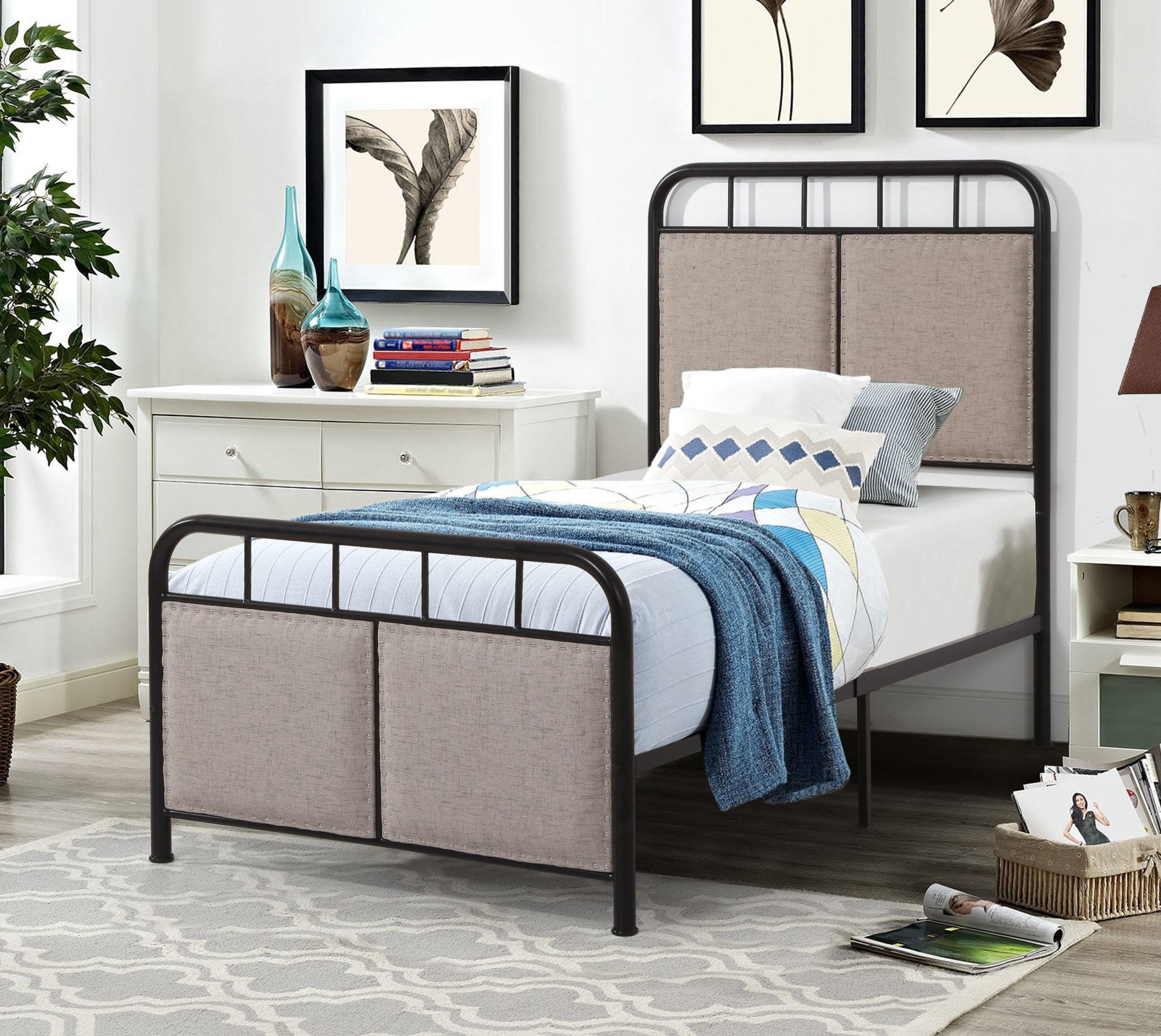 Twin Size Linen Upholstered Platform Metal Bed Frame beige-metal