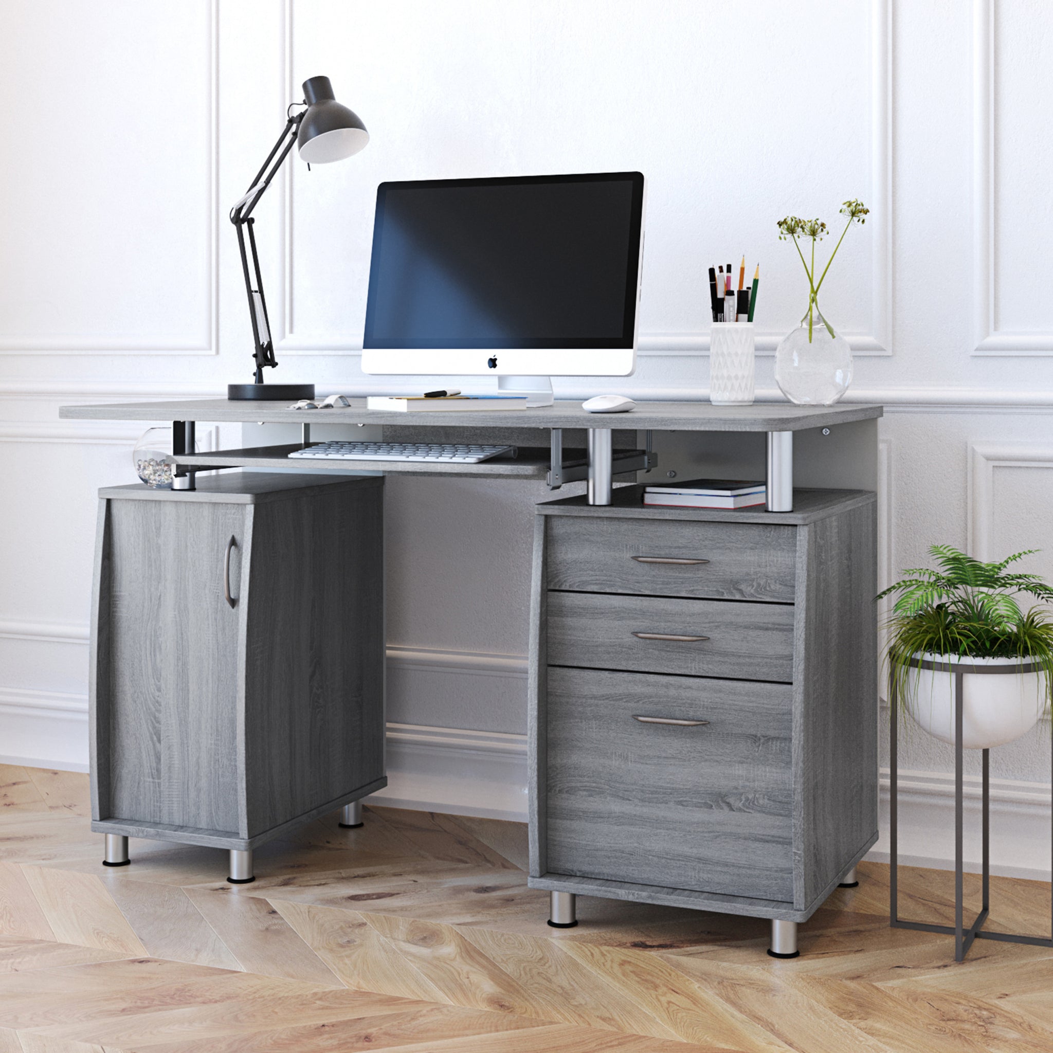 Techni Mobili Complete Workstation Computer Desk with gray-solid wood