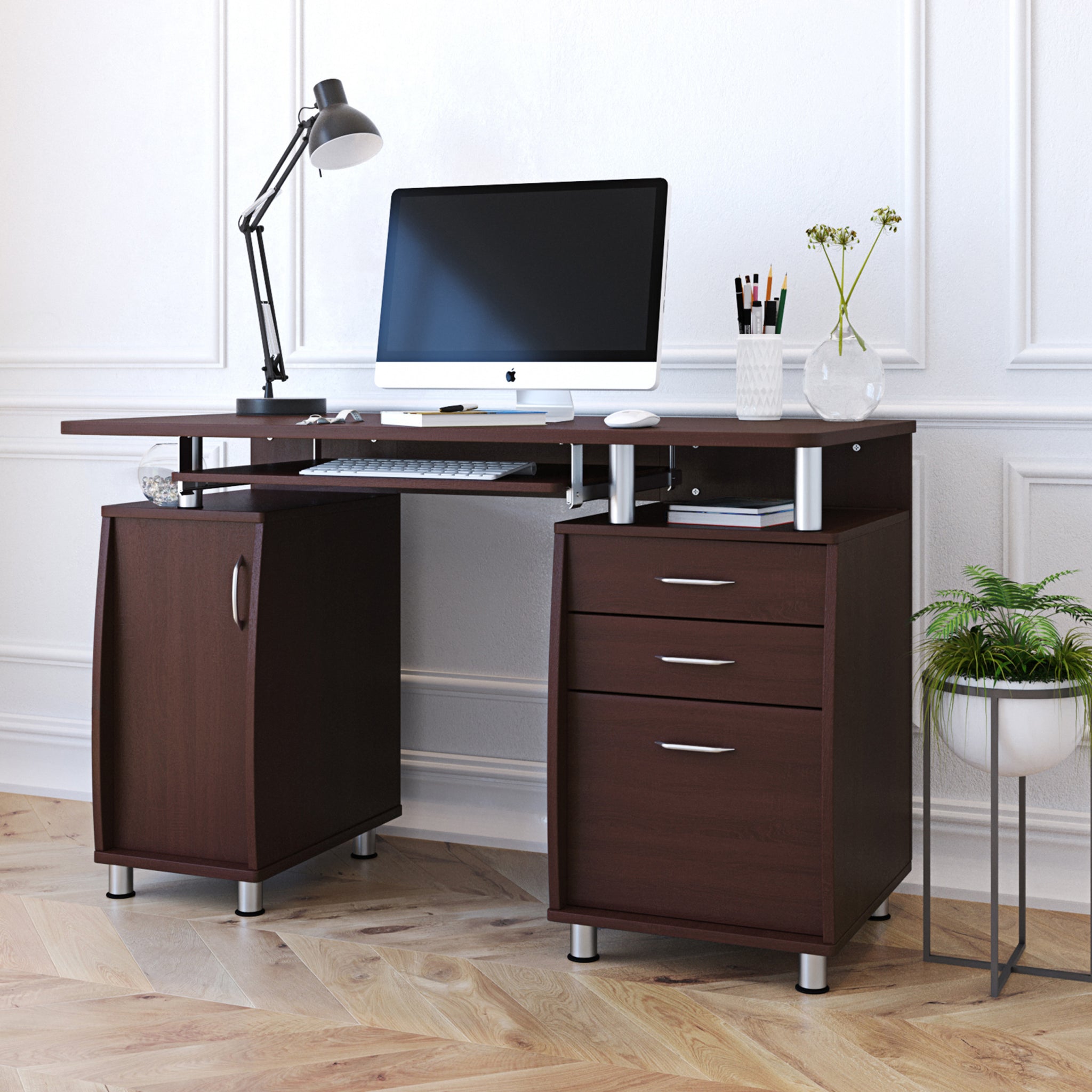 Techni Mobili Complete Workstation Computer Desk with brown-metal-solid wood