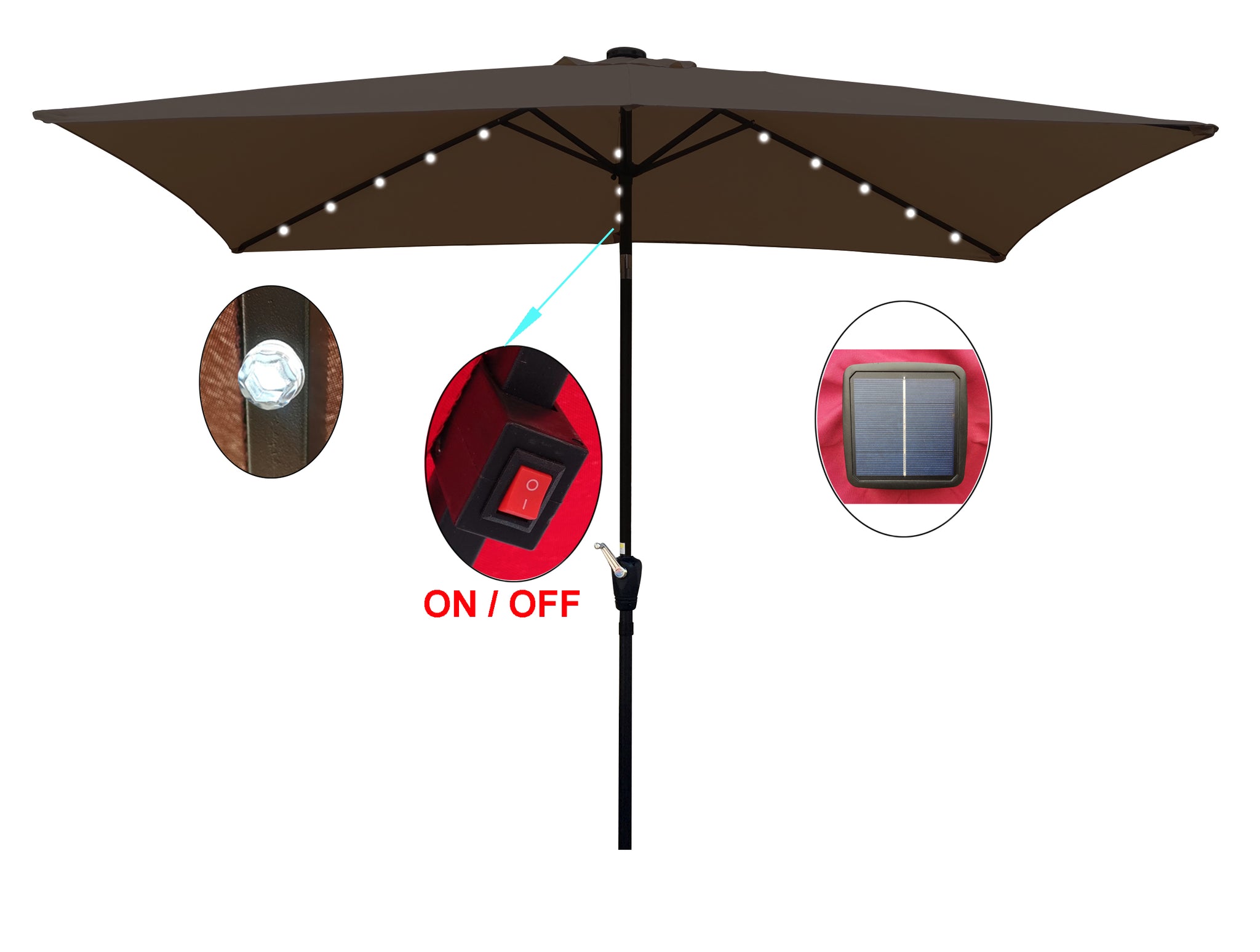 10 x 6.5t Rectangular Patio Umbrella Solar LED Lighted chocolate-steel
