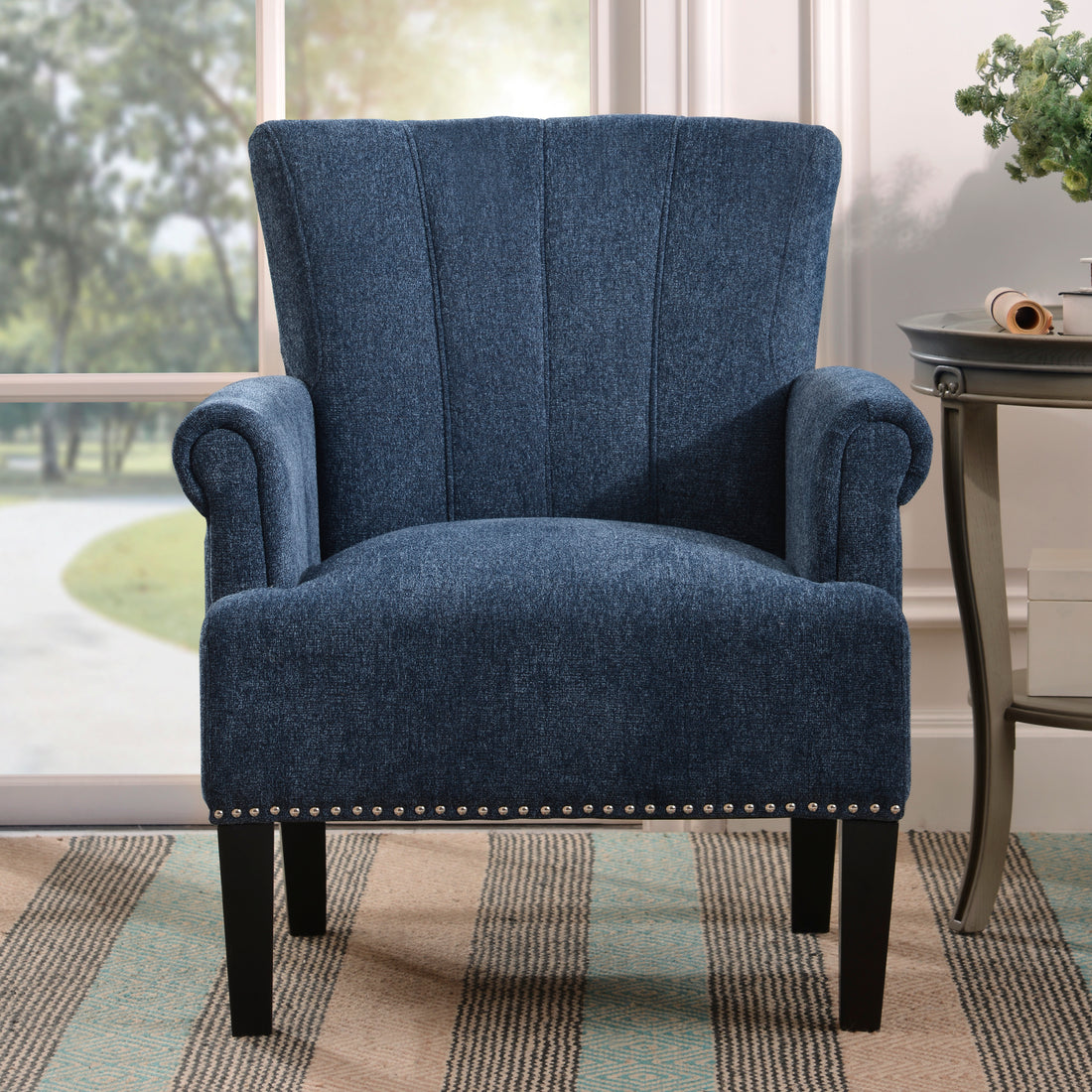 Accent Rivet Tufted Polyester Armchair ,Navy Blue Navy Polyester