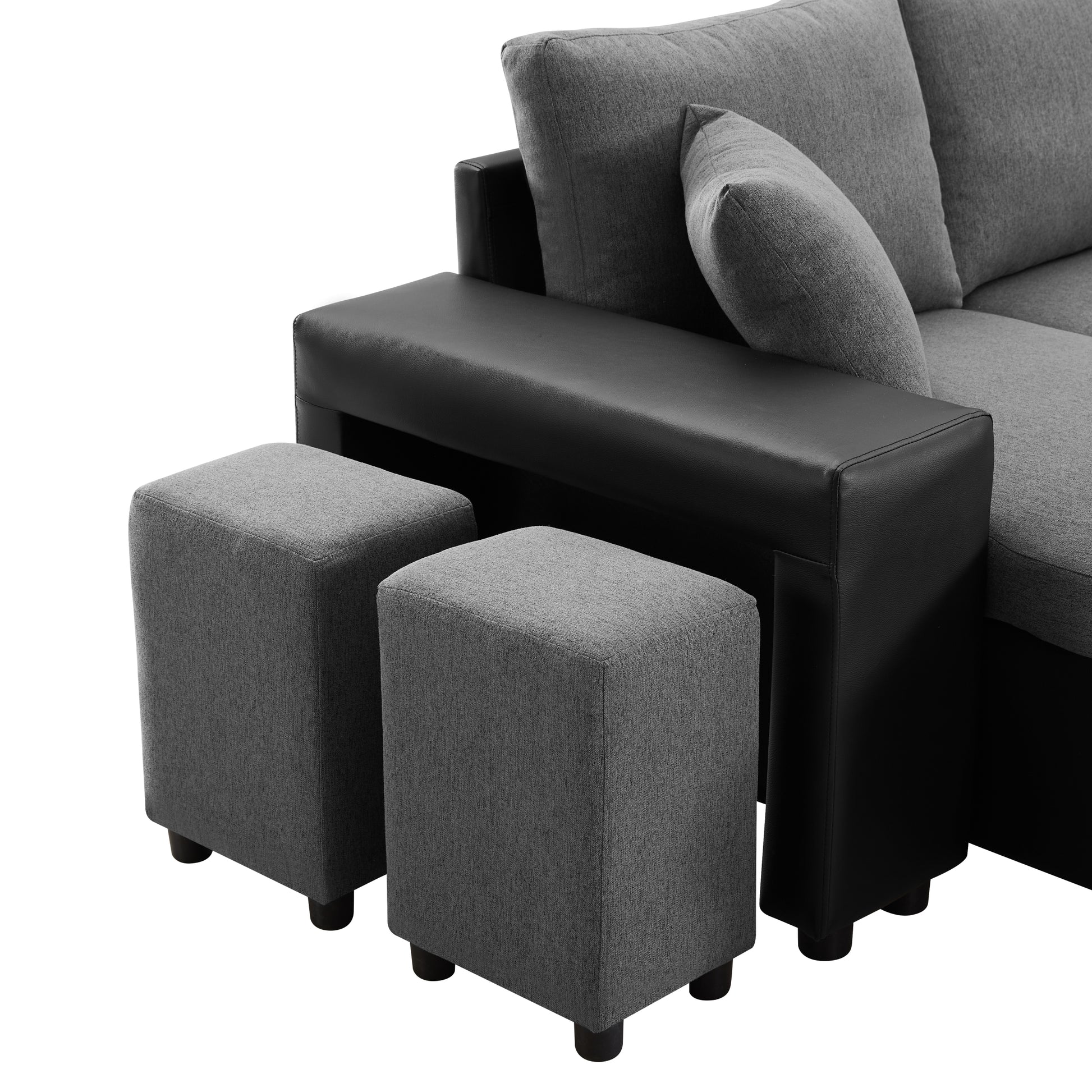 Artemax 92.5 Inchlinen Reversible Sleeper Sectional Sofa With Storage And 2 Stools Steel Gray Grey Foam Fabric