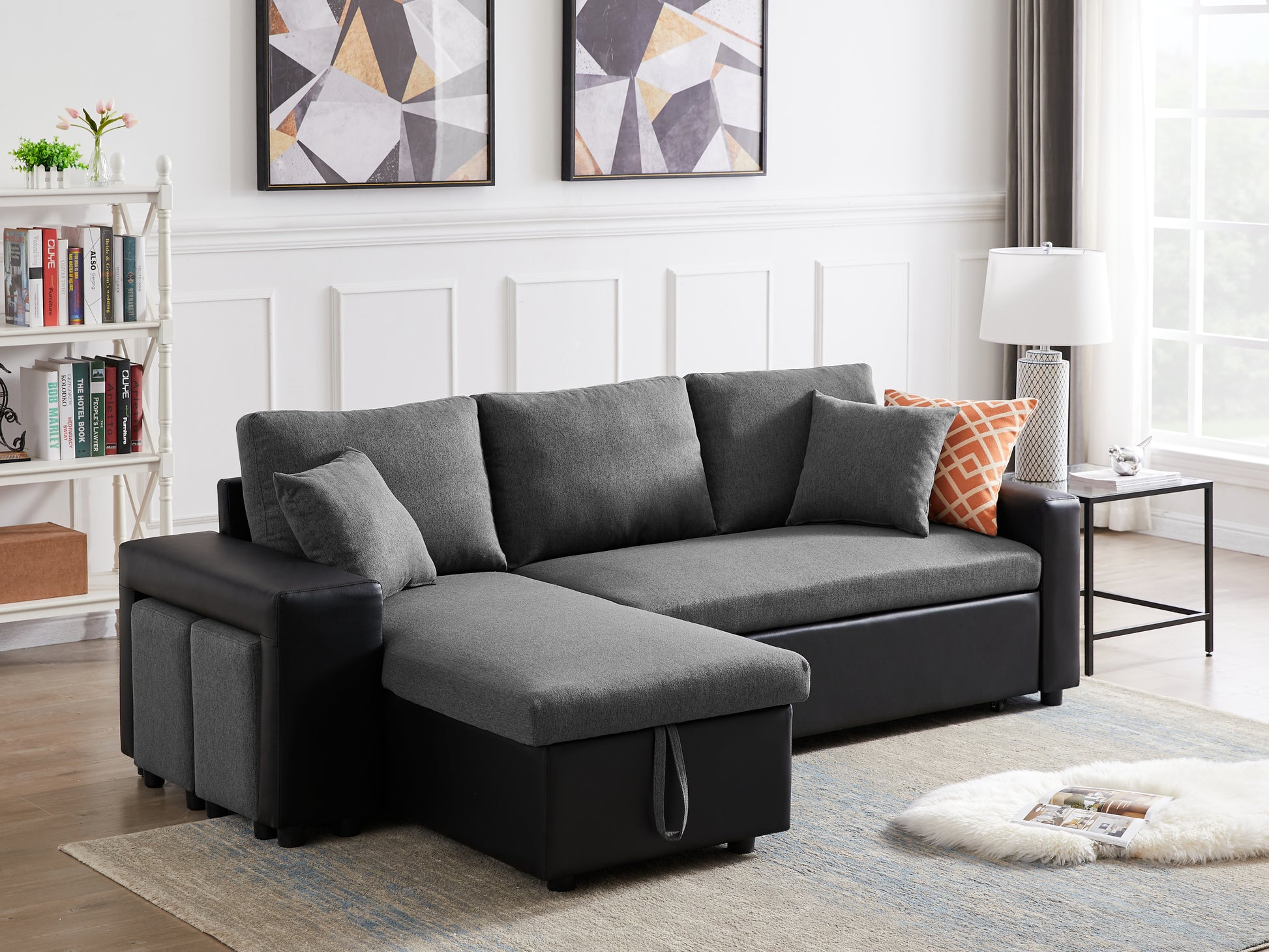 Artemax 92.5 Inchlinen Reversible Sleeper Sectional Sofa With Storage And 2 Stools Steel Gray Grey Foam Fabric