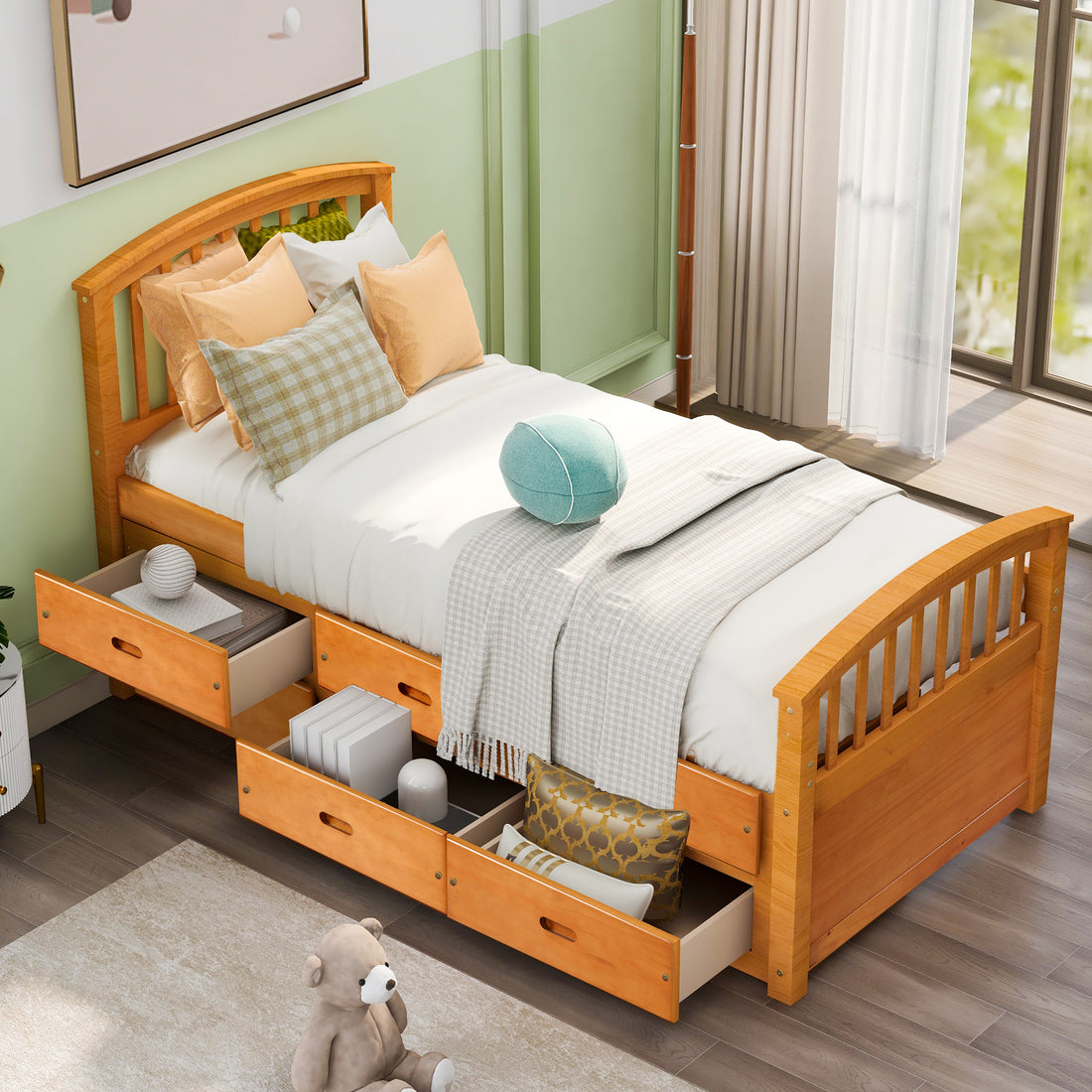 Orisfur. Twin Size Platform Storage Bed Solid Wood Bed With 6 Drawers Twin Oak Solid Wood