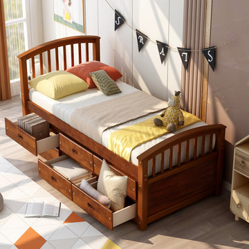 Orisfur. Twin Size Platform Storage Bed Solid Wood Bed With 6 Drawers Twin Walnut Solid Wood