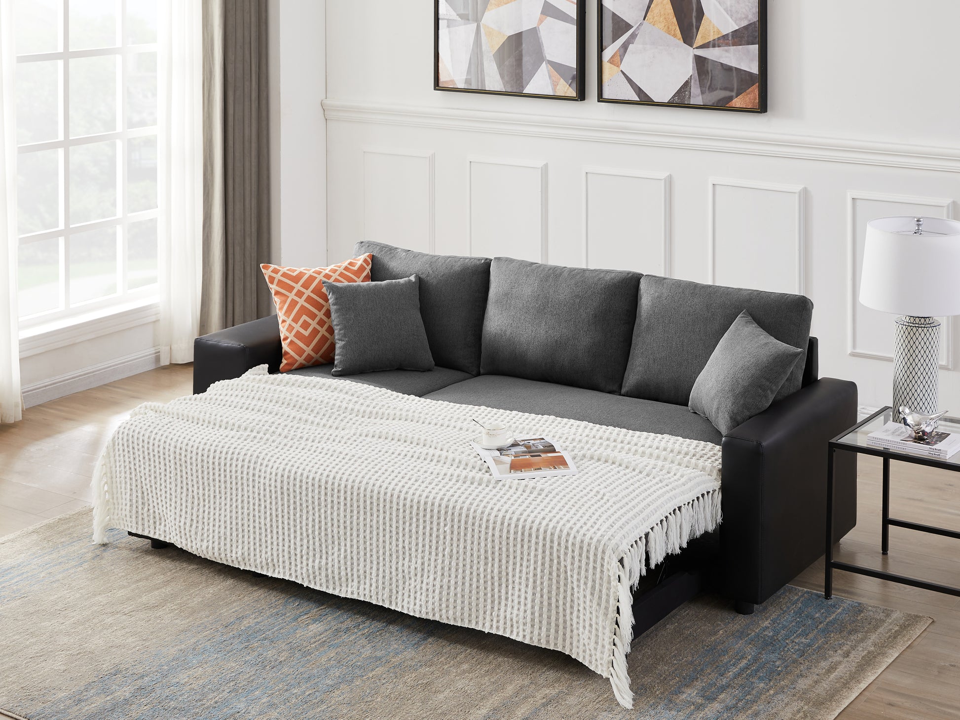 Artemax 92.5 Inchlinen Reversible Sleeper Sectional Sofa With Storage And 2 Stools Steel Gray Grey Foam Fabric