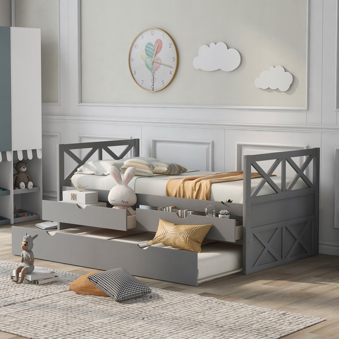 Multi Functional Daybed With Drawers And Trundle, Gray Box Spring Not Required Twin Gray Wood Pine Daybeds Pine