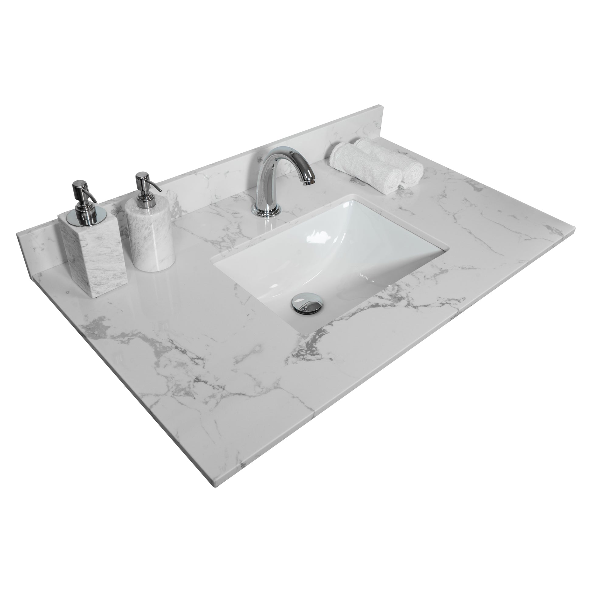 31Inch Bathroom Stone Vanity Top Engineered White Marble Color With Undermount Ceramic Sink And Single Faucet Hole With Backsplash White Stone