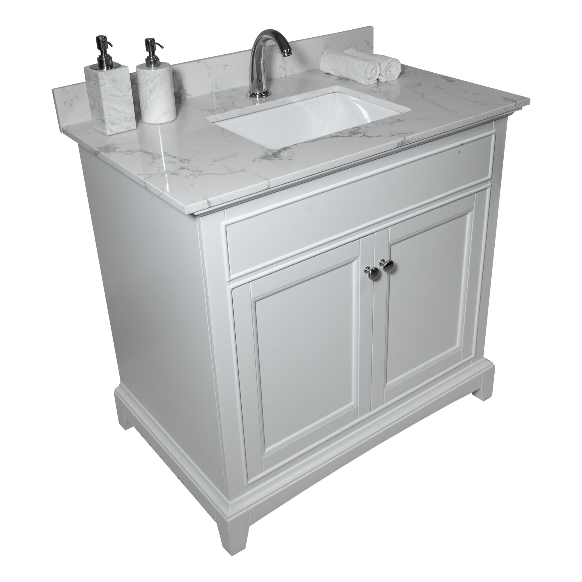 31Inch Bathroom Stone Vanity Top Engineered White Marble Color With Undermount Ceramic Sink And Single Faucet Hole With Backsplash White Stone