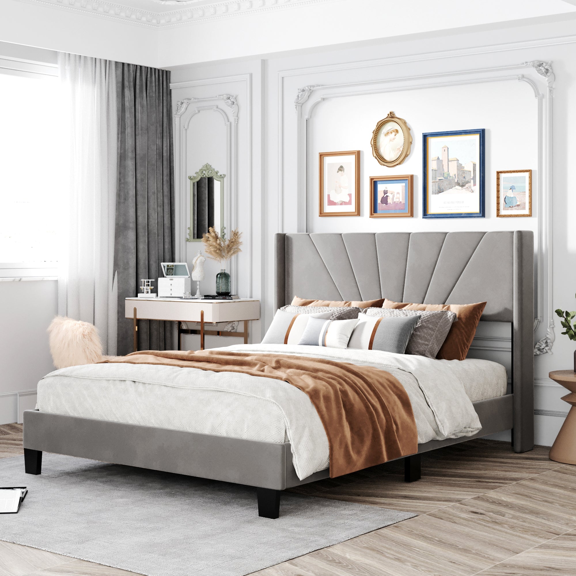 Queen Size Velvet Upholstered Platform Bed, Box Spring gray-velvet