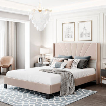 Queen Size Velvet Upholstered Platform Bed, Box Spring Needed Beige Beige Velvet