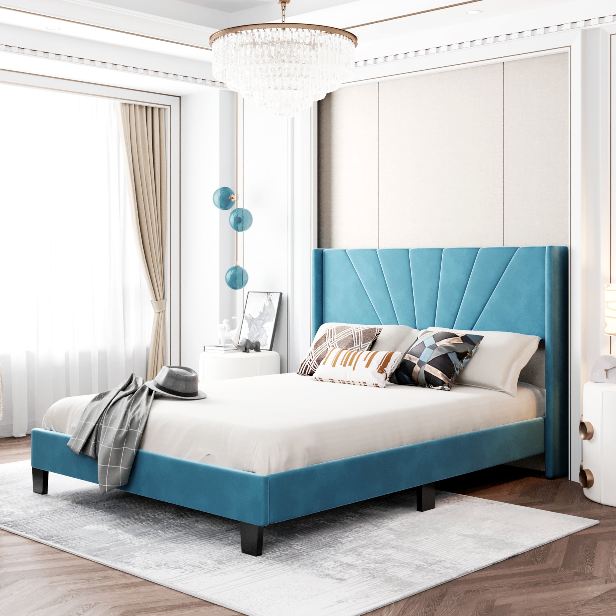 Queen Size Velvet Upholstered Platform Bed, Box Spring blue-velvet