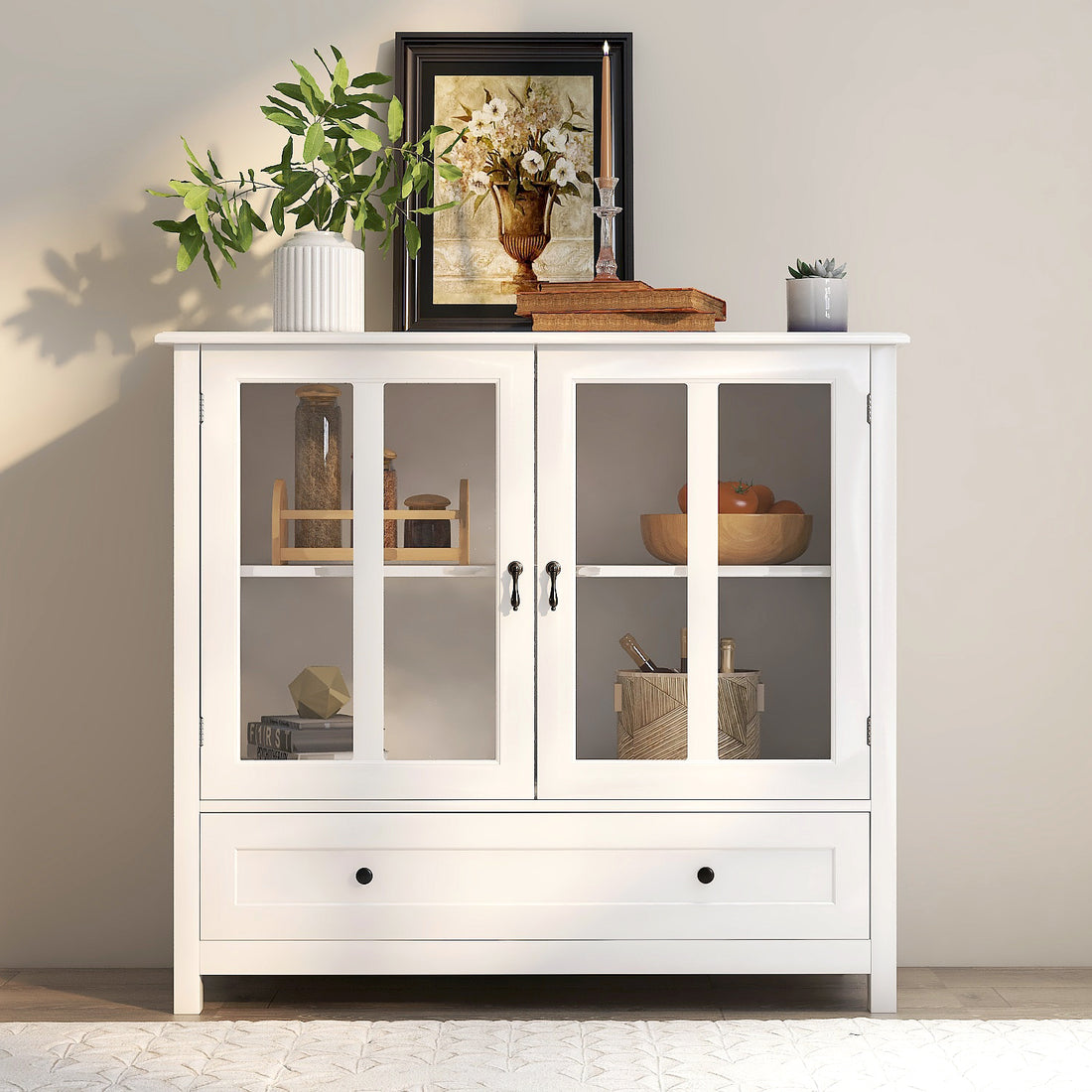 Buffet Storage Cabinet With Double Glass Doors And Unique Bell Handle White Mdf