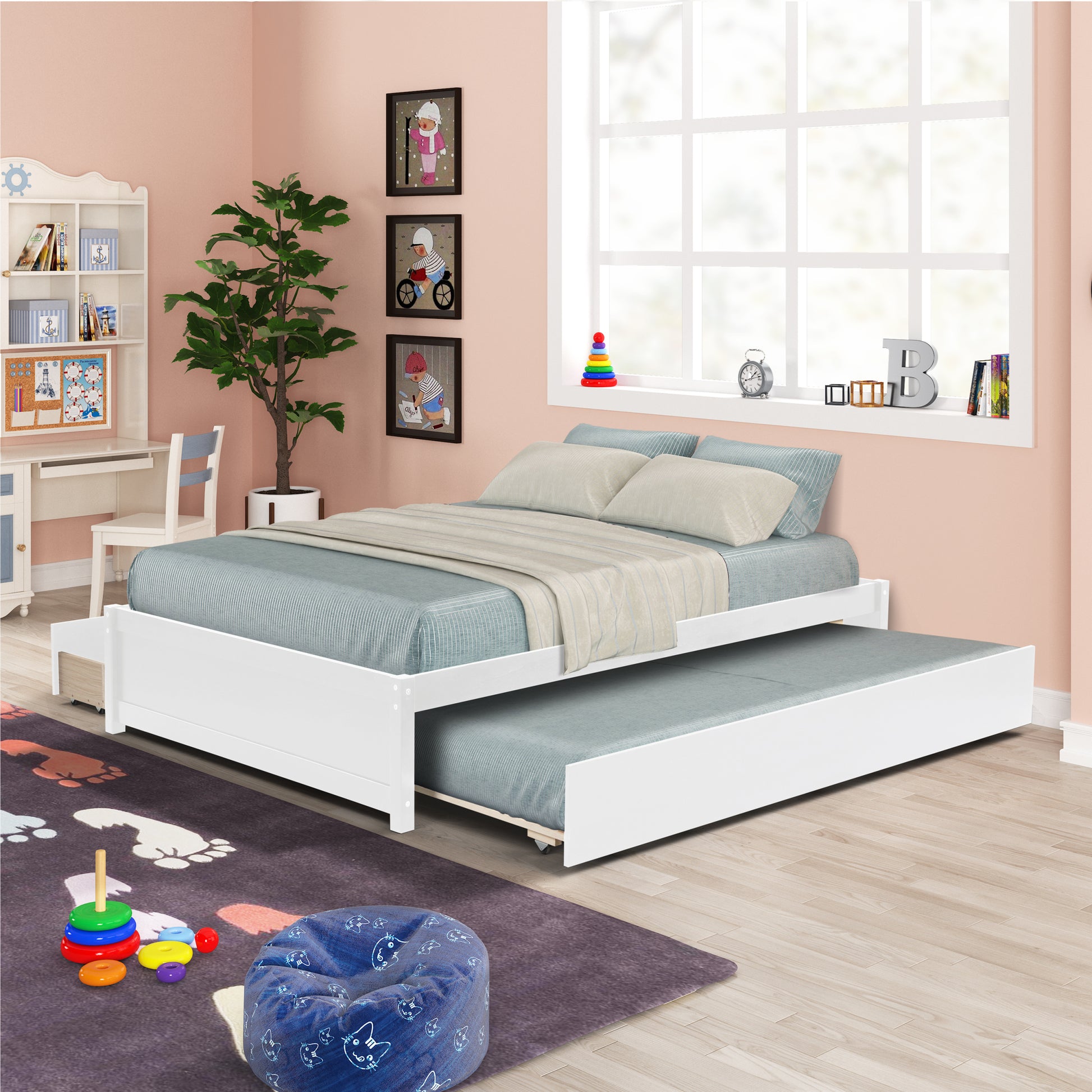 Full Bed With Twin Trundle And Two Drawers For White Color Full White Solid Wood