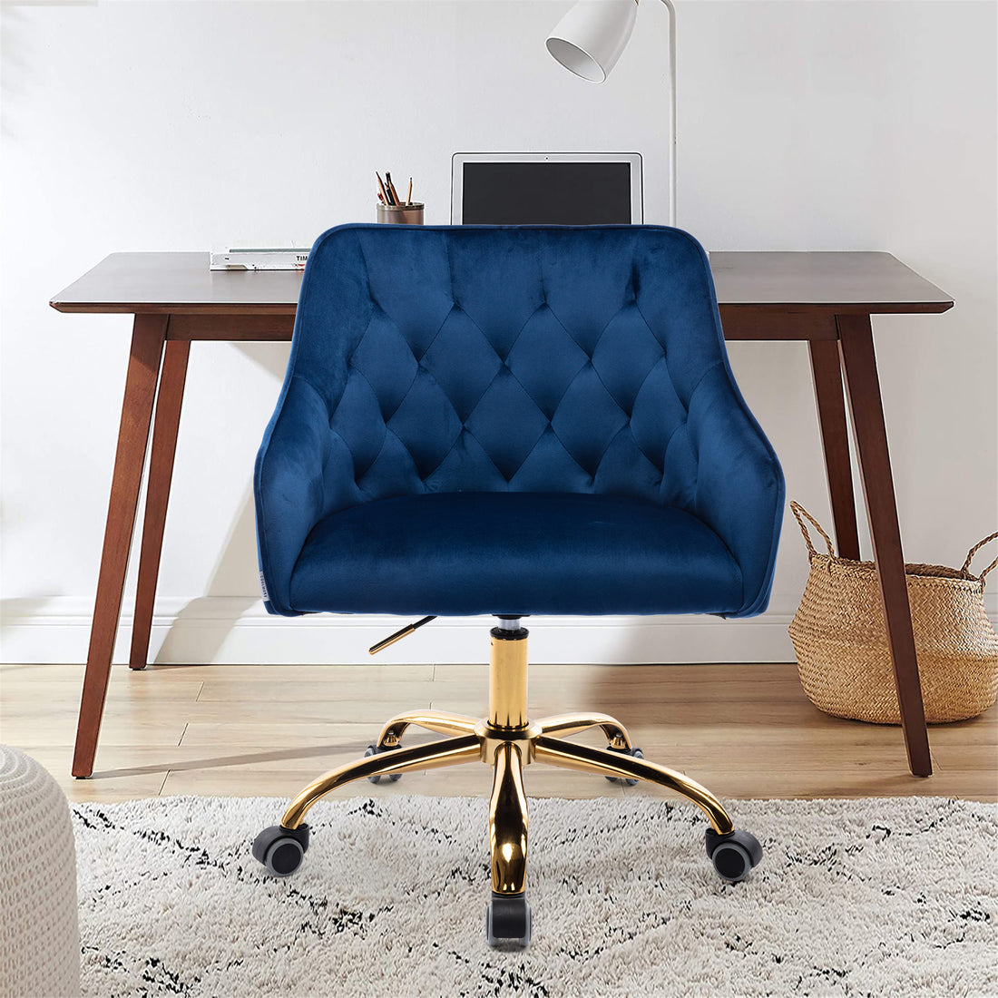 Coolmore Velvet Home Office Desk Chair, Modern Cute Computer Chair, Wheels Swivel Height Adjustable Swivel Task Chair For Home Office Navy Velvet Navy Foam Metal