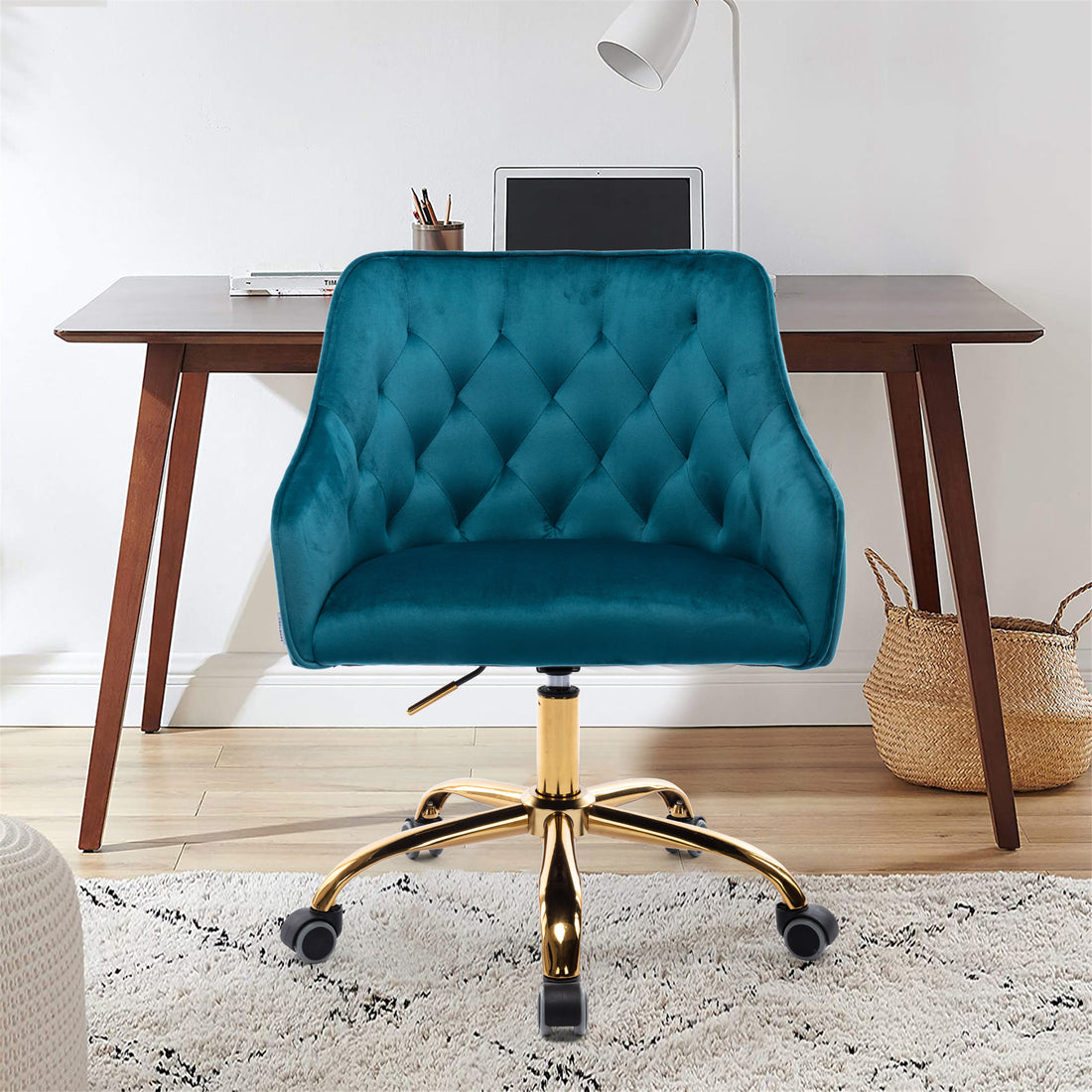 Coolmore Velvet Home Office Desk Chair, Modern Cute Computer Chair, Wheels Swivel Height Adjustable Swivel Task Chair For Home Office Teal Velvet Teal Foam Metal